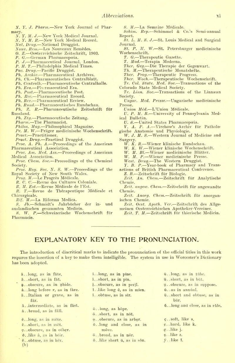 N. Y. J. Pharm.—New York Journal of Phar- macy. N. Y. M. J.—New York Medical Journal. N. Y. M. is*.—New York Medical Record. Nat. Drug.—National Druggist. Nouv. Rem.—Les Nouveaux Rem&des. 0. Z — Oesterreichische Zeitsehrift, 1903. P. (}.—German Pharmacopoeia. P. J.—Pharmaceutical Journal, London. P. M. T.—Philadelphia Medical Times. Pac. Drug.—Pacific Druggist. Ph. Archiv.—Pharmaceutical Archives. Ph. Cb.—Pharmaceutisches Centralblatt. Ph. Centralh.—Pharmaceutische Centralhalle. Ph. Era.—Pharmaceutical Era. Ph. Post.—Pharmaceutische Post. Ph. Rec.—Pharmaceutical Record. Ph. Rev.—Pharmaceutical Review. Ph. Rund.—Pharmaceutisches Rundschau. Ph. Z. R.—Pharmaceutische Zeitsehrift fiir Russland. Ph. Ztg.—Pharmaceutische Zeitung. Pharm.—The Pharmacist. Philos. Mag.—Philosophical Magazine. Pr. M. W.—Priiger medicinische Wochenschrift. Pract.—Practitioner. Pract. Drug.—Practical Druggist. Proc. A. Ph. A.—Proceedings of the American Pharmaceutical Association. Proc. Am. Med. Ass.—Proceedings of American Medical Association. Proc. Chem. Soc.—Proceedings of the Chemical Society. Proc. Roy. Soc. N. 8. W.—Proceedings of the Royal Society of New South Wales. Prog. M.—Le Progres Medicale. R. C. C.—Revue des Cultures Coloniale. R. M. Est.—Revue Medicale de l'Est. R. T.—Revue de ThSrapeutique MMicale et Chirurgicale. Rif. M.—La Riforma Medica. »S'. Jb.—Schmidt's Jahrbiicher der in- und auslandischen gesammten Medicin. 8. W. P.—Schweizerische Wochenschrift fiir Pharmacie. 8. M.—La Semaine Meclicale. 8chim. Rep.—Schimmel & Co.'s Semi-annual Report. St. L. M. 8. J.—St. Louis Medical and Surgical Journal. St. P. M. W.—St. Petersburger medicinische Wochenschrift. T. 0.—Therapeutic Gazette. T. Mod.—Terapia Moderna. Ther. Oeg.—Die Therapie der Gegenwart. Th. M.—Therapeutische Monatshefte. Ther. Prog.—Therapeutic Progress. Ther. Woch.—Therapeutische Wochenschrift. Tr. Col. State. Med. Soc.—Transactions of the Colorado State Medical Society. Tr. Linn. Soc.—Transactions of the Linnaean Society. Ungar. Med. Presse.-—Ungarische medicinische Presse. Union Med.—L'Union Meclicale. U. P. M. B.—University of Pennsylvania Med- ical Bulletin. U. tS.—United States Pharmacopoeia. V. A. P. A.—Virchow's Archiv fiir Patholo- gische Anatomie und Physiologic. W. J. M. 8.—Western Journal of Medicine and Surgery. W. K. R.—Wiener klinische Rundschau. W. K. W.—Wiener klinische Wochenschrift. W. M. Bl.—Wiener medicinische Blatter. W. M. P.—Wiener medicinische Presse. West. Drug.—The Western Druggist. Y. B. P.—Year-book of Pharmacy and Trans- actions of British Pharmaceutical Conference. Z. B.—Zeitsehrift fiir Biologie. Zeit. An. Chem.—Zeitsehrift fiir Analytische Chemie. Zeit. angew. Chem.—Zeitsehrift fiir angewandte Chemie. Zeit. Anorg. Chem.—Zeitsehrift fiir anorgan- ischen Chemie. Zeit. Oest. Apoth. Ver.—Zeitsehrift des Allge- meinen Oesterreichischen Apotheker-Vereines. Zeit. T. M.—Zeitsehrift fiir thierische Medicin. EXPLANATORY KEY TO THE PRONUNCIATION. The introduction of diacritical marks to indicate the pronunciation of the official titles in this work requires the insertion of a key to make them intelligible. The system in use in Worcester's Dictionary has been adopted. a. .long, as in fate. I. .long, as in pine. u. .long, as in tube. a. .short, as in fat. I. .short, as in pin. u. .short, as in but. .obscure, as in abide. i- .obscure, as in peril. V- .obscure, as in syppose. a. . long before r, as in fare. i. .like long e, as in mien. u. .as in annual. a. . Italian or grave, as in I. . obtuse, as in sir. ii. . short and obtuse, as in fiir. biir. a.. .intermediate, as in fast. .long, as hope. fi. .long and close, as in rfile. a. .broad, as in fall. 5. 6. .short, as in not. e. .long, as in mete. O- .obscure, as in arbor. ?■ .soft, like s. e. .short, as in met. 6. .long and close, as in e. .hard, like k. 9- .obscure, as in other. move. ?■ .like j. §. .like a, as in heir. o. .broad, as in nor. s. .like z. e. .obtuse, as in her. 6. .like short u, as in sSn. y. .like r. (b)