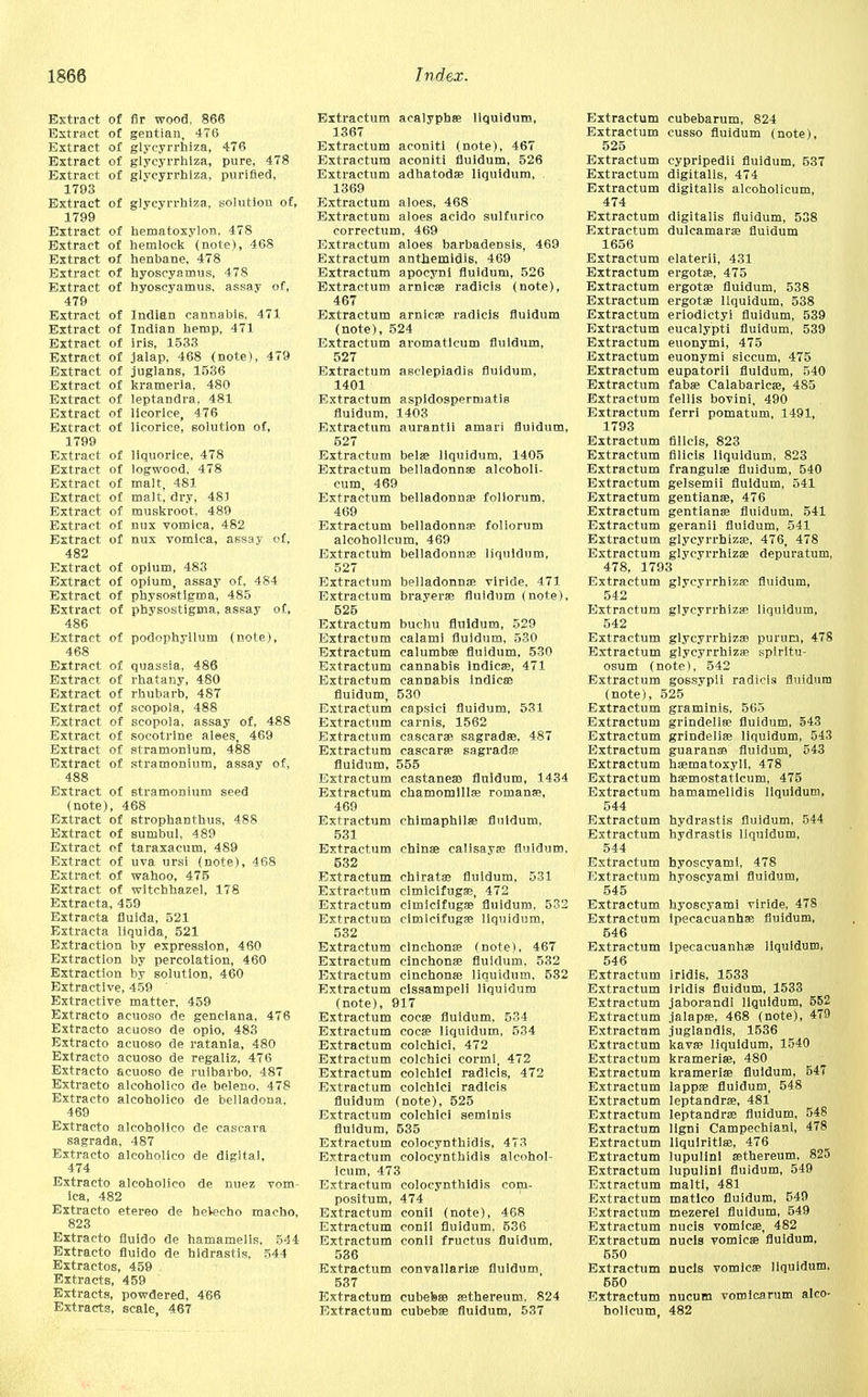 Extract of fir wood, 866 Extract of gentian, 476 Extract of glycyrrhiza, 476 Extract of glycyrrhiza, pure, 478 Extract of glycyrrhiza, purified, 1793 Extract of glycyrrhiza, solution of, 1799 Extract of hematoxylon. 478 Extract of hemlock (note), 468 Extract of henbane, 478 Extract of hyoscyamus, 478 Extract of hyoscyamus. assay of, 479 Extract of Indian cannabis, 471 Extract of Indian hemp, 471 Extract of iris, 1533 Extract of jalap, 468 (note), 479 Extract of juglans, 1536 Extract of krameria, 480 Extract of leptandra, 481 Extract of licorice, 476 Extract of licorice, solution of, 1799 Extract of liquorice, 478 Extract of logwood, 478 Extract of malt, 481 Extract of malt, dry, 485 Extract of muskroot, 489 Extract of nux vomica, 482 Extract of nux vomica, assay of, 482 Extract of opium, 483 Extract of opium, assay of, 484 Extract of physostigma, 485 Extract of physostigma, assay of, 486 Extract of podophyllum (note), 468 Extract of quassia, 486 Extract of rhatany, 480 Extract of rhubarb, 487 Extract of scopola, 488 Extract of scopola, assay of, 488 Extract of socotrlne alees 469 Extract of stramonium, 488 Extract of stramonium, assay of, 488 Extract of stramonium seed (note), 468 Extract of strophanthus, 488 Extract of sumbul, 489 Extract of taraxacum, 4S9 Extract of uva ursi (note), 468 Extract of wahoo, 475 Extract of witchhazel, 178 Extracta, 459 Extracts fluida, 521 Extracta liquida, 521 Extraction by expression, 460 Extraction by percolation, 460 Extraction by solution, 460 Extractive, 459 ' Extractive matter, 459 Extracto acuoso de genclana, 476 Extracto acuoso de opio, 483 Extracto acuoso de ratania, 480 Extracto acuoso de regaliz, 476 Extracto acuoso de ruibarbo, 487 Extracto alcoholico de beleno, 478 Extracto alcoholico de belladona, 469 Extracto alcoholico de cascara sagrada, 487 Extracto alcoholico de digital, 474 Extracto alcoholico de nuez vom- ica, 482 Extracto etereo de heVecho macho, 823 Extracto fluldo de hamamelis, 544 Extracto fluldo de hidrastis, 544 Extractos, 459 Extracts, 459 Extracts, powdered, 466 Extracts, scale, 467 Extractum acalypha? liquidum, 1367 Extractum aconiti (note), 467 Extractum aconiti fluidum, 526 Extractum adhatoda? liquidum, 1369 Extractum aloes, 468 Extractum aloes acido sulfurico correctum, 469 Extractum aloes barbadensis, 469 Extractum anthemidis, 469 Extractum apocyni fluidum, 526 Extractum arnicse radicis (note), 467 Extractum arnica? radicis fluidum (note), 524 Extractum aromaticum fluidum, 527 Extractum asclepiadis fluidum, 1401 Extractum aspidospermatis fluidum, 1403 Extractum aurantli amari fluidum, 527 Extractum bela? liquidum, 1405 Extractum belladonna? alcoholi- cum, 469 Extractum belladonna? foliorum, 469 Extractum belladonna? foliorum alcoholicum, 469 Extractutn belladonnse liquidum, 527 Extractum belladonna? viride, 471 Extractum brayera? fluidum (note), 525 Extractum buchu fluidum, 529 Extractum calami fluidum, 530 Extractum calumba? fluidum, 530 Extractum cannabis indica?, 471 Extractum cannabis indica? fluidum, 530 Extractum capsici fluidum, 531 Extractum carnis, 1562 Extractum cascara? sagrada?, 487 Extractum cascara? sagrada? fluidum, 555 Extractum castanea? fluidum, 1434 Extractum chamomllla? romana?, 469 Extractum chimaphila? fluidum, 531 Extractum china? calisaya? fluidum, 532 Extractum chirata? fluidum, 531 Extractum cimicifuga?, 472 Extractum cimicifuga? fluidum, 532 Extractum cimicifuga? liquidum, 532 Extractum cinchona? (note), 467 Extractum cinchona? fluidum, 532 Extractum cinchona? liquidum, 532 Extractum clssampeli liquidum (note), 917 Extractum coca? fluidum, 534 Extractum coca? liquidum, 534 Extractum colchici, 472 Extractum colchici cormi, 472 Extractum colchici radicis, 472 Extractum colchici radicis fluidum (note), 525 Extractum colchici seminis fluidum, 535 Extractum colocynthidis, 473 Extractum colocynthidis alcohol- icum, 473 Extractum colocynthidis com- positum, 474 Extractum conii (note), 468 Extractum conii fluidum. 536 Extractum conii fructus fluidum, 536 Extractum convailaria? fluidum, 537 Extractum cubeba? a?thereum, 824 Extractum cubeba? fluidum, 537 Extractum cubebarum, 824 Extractum cusso fluidum (note), 525 Extractum cypripedii fluidum, 537 Extractum digitalis, 474 Extractum digitalis alcoholicum, 474 Extractum digitalis fluidum, 538 Extractum dulcamarse fluidum 1656 Extractum elaterii, 431 Extractum ergotse, 475 Extractum ergota? fluidum, 538 Extractum ergota? liquidum, 538 Extractum eriodictyi fluidum, 539 Extractum eucalypti fluidum, 539 Extractum euonymi, 475 Extractum euonymi siccum, 475 Extractum eupatorii fluidum, 540 Extractum faba? Calabarlca?, 485 Extractum fellis bovini, 490 Extractum ferri pomatum, 1491, 1793 Extractum filicis, 823 Extractum filicis liquidum, 823 Extractum frangula? fluidum, 540 Extractum gelsemii fluidum, 541 Extractum gentiana?, 476 Extractum gentiana? fluidum, 541 Extractum geranii fluidum, 541 Extractum glycyrrhiza?, 476, 478 Extractum glycyrrhiza? depuratum, 478, 1793 Extractum glycvrrhiza? fluidum, 542 Extractum glycyrrhiza? liquidum, 542 Extractum glycyrrhiza? purum, 478 Extractum glycyrrhizae spiritu- osum (note), 542 Extractum gossypii radicis fluidum (note), 525 Extractum graminis. 565 Extractum grindelise fluidum, 543 Extractum grindelia? liquidum, 543 Extractum guarana? fluidum, 543 Extractum ha?matoxyll, 478 Extractum ha?mostaticum, 475 Extractum hamamelidis liquidum, 544 Extractum hydrastis fluidum, 544 Extractum hydrastis liquidum, 544 Extractum hyoscyami, 478 Extractum hyoscyami fluidum, 545 Extractum hyoscyami viride, 478 Extractum Ipecacuanha? fluidum, 546 Extractum Ipecacuanha; liquidum, 546 Extractum iridis. 1533 Extractum iridis fluidum, 1533 Extractum jaborandi liquidum, 552 Extractum jalapa?, 468 (note), 479 Extractum juglandis, 1536 Extractum kava? liquidum, 1540 Extractum krameria?, 480 Extractum krameria? fluidum, 547 Extractum lappa? fluidum, 548 Extractum leptandra?, 481 Extractum leptandra? fluidum, 548 Extractum Iigni Campechianl, 478 Extractum liquiritla?, 476 Extractum lupulini a?thereum, 825 Extractum lupulini fluidum, 549 Extractum malti, 481 Extractum matlco fluidum, 549 Extractum mezerei fluidum, 549 Extractum nucis vomica?, 482 Extractum nucis vomica? fluidum, 550 Extractum nucis vomica? liquidum, 550 Extractum nucum vomica rum alco- holicum. 482