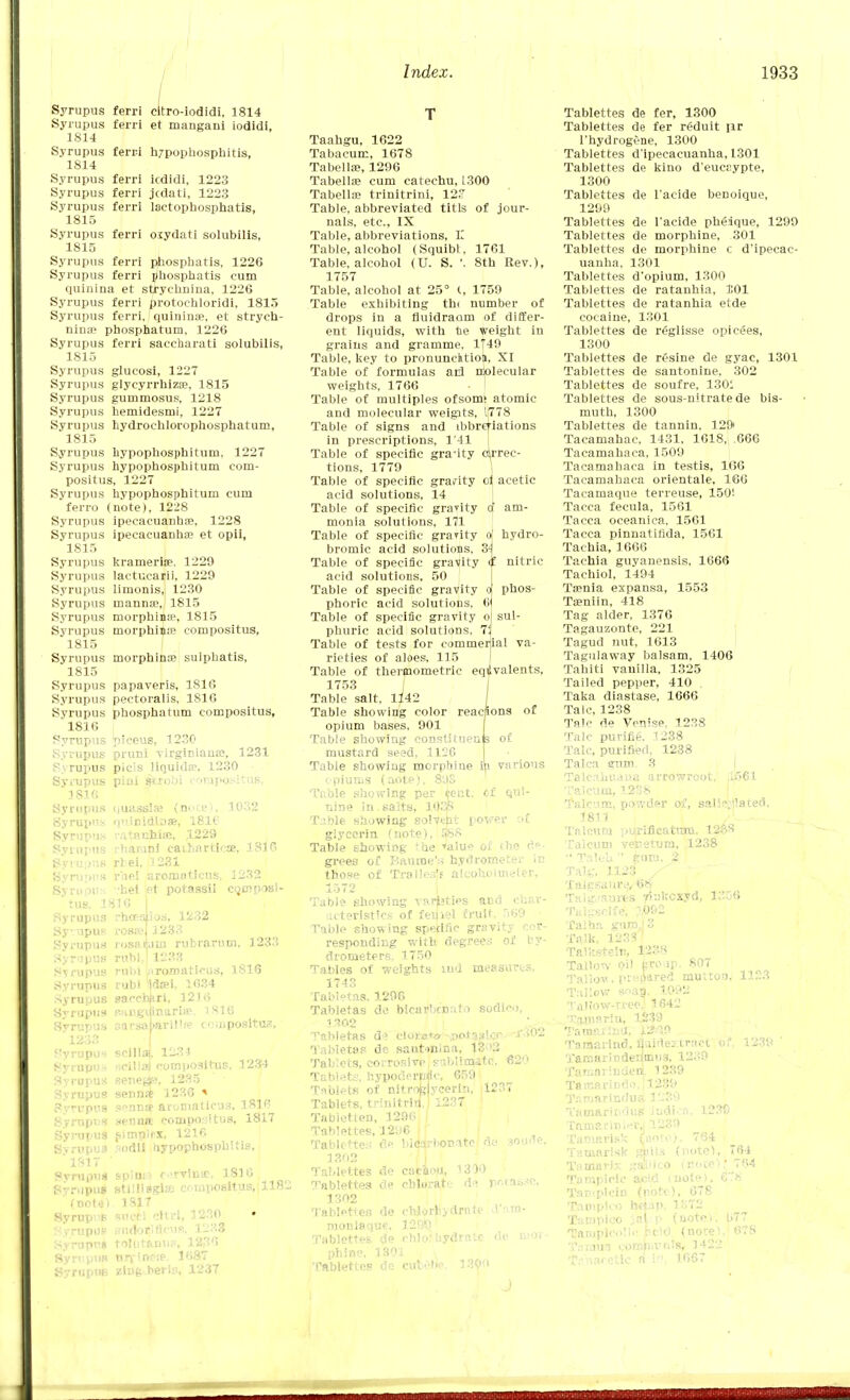 Syrupus ferri et mangani iodidi, 1814 Syrupus ferri hzpophosphitis, 1814 Syrupus ferri icdidi, 1223 Syrupus ferri jcdati, 1223 Syrupus ferri lactophosphatis, 1815 Syrupus ferri oiydati solubilis, 1815 Syrupus ferri phospbatis, 1226 Syrupus ferri phospbatis cum quinina et strychnina. 1226 Syrupus ferri protochloridi, 1815 Syrupus ferri, quininse, et strych- nina? phosphatum. 1226 Syrupus ferri saccharati solubilis, 1815 Syrupus glucosi, 1227 Syrupus glyeyrrhizae, 1815 Syrupus gummosus, 1218 Syrupus hemidesmi, 1227 Syrupus hydroehlorophosphatum, 1815 Syrupus hypophosphituni, 1227 Syrupus hypophosphitum com- positus, 1227 Syrupus hypophosphitum cum ferro (note), 1228 Syrupus ipecacuanha?, 1228 Svrupus ipecacuanha? et opii, 1815 Syrupus kramerise, 1229 Syrupus lactucarii, 1229 Syrupus limonis, 1230 Syrupus manna?, 1815 Syrupus morphina\ 1815 Syrupus morphinn? compositus, 1815 Syrupus morphina? sulphatis, 1815 Syrupus papaveris, 1816 Syrupus pectoralis, 1816 Svrupus phosphatum compositus, *1810 Syrupus piceus, 1230 Syrupus pruni virginiaua?, 1231 Svrupus picis liquida\ 1230 Syiupus piui sV.robi compositus, J 816 Syrupus iiuassiJfi (note), 1032 Syrupus >jninidia«, I81t Syrupus ratanjUiffi, .1229 Syrnpus iharonl cathartics, 1810 Syrupus rfcel, 3 231 Syrupus r'nfii aromatkus, 1232 Syrooi; . bet el potassii cijmposi- Syrupus rha-aios). 1232 Sy.upus rosa? 3 233 Syrupus rosautin nibrarnm, 1233 Syropus rubl, 1233 Syrupus rnbi ^romaticus, 1816 Syrupus rubi ldcei. 1634 ->yrupus sacehjiri, 121(5 Syrupus sang*inaritr, 1 SI 6 Syrupus sarsa >aril>w f.iipositua, f'yrupun scillaj, 1231 Syrupus neil!ai compositus. 1234 Syrupus Rene*?, 1235 Syrupus senn* 1236 * Syrupus sennsf aioniaticjs, 181'' Syrupus senna compo:;itus, 1817 Synipus fimplnx, 1216 Svrupus .'<odIi tvypophosphitis, 1817 ' Svmpu* splnw r^rvina;. 1810 Syrupus stillisgla; c mpositus, 118- (note) 1817 Syrup-R sucii dtrl, 1*230 Syrupuf sndoriflciis. 1233 SyrupT!* tolfjtanus, 1236 . Syrnpua orpnete. 1687 Syrupus zlufe beris, 1237 Index. Taahgu, 1622 Tabacum, 1678 Tabella?, 1296 Tabeila? cum catechu, L300 Tabella? trinitrini, 12? Table, abbreviated tit Is of jour- nals, etc., IX Table, abbreviations, t Table, alcohol (Squibt, 1761 Table, alcohol (U. S. '. 8th Rev.), 1757 Table, alcohol at 25° (, 1759 Table exhibiting th( number of drops in a fluidraom of differ- ent liquids, with tie yrdght in grains and gramme, 1T49 Table, key to pronuncitiok, XI Table of formulas ari molecular weights, 1766 Table of multiples ofsomf atomic and molecular weigits, 1778 Table of signs and ibbrefiations in prescriptions, 1'41 Table of specific gra-ity cirrec- tions, 1779 Table of specific gravity o< acetic acid solutions, 14 Table of specific gravity cf am- monia solutions, 171 Table of specific gratify o hydro- bromic acid solutions, 3Z Table of specific gravity d nitric acid solutions, 50 Table of specific gravity o phos- phoric acid solutions, 61 Table of specific gravity o sul- phuric acid solutions, 7! Table of tests for commeriial va- rieties of aloes, 115 Table of thermometrie eqivalents, 1753 Table salt, 1142 Table showing color reactions of opium bases, 901 Table showing constituent of mustard seed, 1126 Table showing morphine ip various opiums (note), 8'^S Table showing per cent, cf qui- nine in. salts, 10,'iS Table showing solVept power -A glycerin (note), 868 Table showing 'he *a!u<? of the de- grees of Raurae'o hydrometer in those of Trallesji alcohoimeter, 1572 Table showing rarities and char- acteristics of feijiel fruit, 569 • Table showing specific gravity cor- responding with degree* of hy- drometers. 1.750 Tables of weights hi<1 measures. 1743 Tabletas. 1296 Tabletas do bicarbenuto sodico, 1302 Tabletas di clorat* jwdjs'.cr J*02 Tabletas de santm.na, 13 >2 Tablets, corrosive sublimate. 62C* Tablets, hypodernic, 659 Tablets of nitroglycerin, 1237 Tablets, trlhitrWU 1237 Tabietten, 1296 Tablettes, 1296 Tablettes de bicarbonate do sonde. 1302 Tablettes de cac'aou, 1300 Tablettes de chlorate d>? potasse, 1302 Tablettes de chlorh>drnte d'am- nioniaqu<f, 1283 iblel phine, 1301 Tablettes de cut be 13*0 1933 Tablettes de fer reduit iir I'hydrogene, 1300 Tablettes d'ipecacuanha, 1301 Tablettes de kino d'eucaypte, 1300 Tablettes de l'acide benoique, 1299 Tablettes de l'acide pheique, 1299 Tablettes de morphine, 301 Tablettes de morphine c d'ipecac- uanha, 1301 Tablettes d'opium, 1300 Tablettes de ratanhia, 1!01 Tablettes de ratanhia etde cocaine, 1301 Tablettes de reglisse opicees, 1300 Tablettes de resine de gyac, 1301 Tablettes de santonine, 302 Tablettes de soufre, 1301 Tablettes de sous-nitrate de bis- muth, 1300 Tablettes de tannin, 12» Tacamahac, 1431, 1618, .666 Tacamahaca, 1509 Tacamahaca in testis, 166 Tacamahaca orientale, 166 Tacamaque terreuse, 150! Tacca fecula, 1561 Tacca oceanica. 1561 Tacca pinnatifida, 1561 Tachia, 1666 Tachia guyanensis, 1666 Tachiol, 1494 Ta?nia expansa, 1553 Ta?niin, 418 Tag alder, 1376 Tagauzonte, 221 Tagud nut, 1613 Tagulaway balsam, 1406 Tahiti vanilla, 1325 Tailed pepper, 410 Taka diastase, 1666 Talc, 1238 Talc de Venise, 1238 Talc purifi6. 1238 Talc, purified, 1238 Talca mm. 3 Talenliuaua arrowroot, 15G1 Talcum, 12S8 Talcum, pojwder oi, salie;t'ated. 1811 /'■ - . Talcum ;,urificatrju. 1238 Talcum vepetum, 1238 i ■ - I Talpsaure/t)* Talgaaures pakcorjd, 1356 Talgselfe, ;',092 Taiba gum J 3 Talk, 123S ' Talksleln, 1238 Tallow oil fcroup, 807 Tallow, preoared mutton, 11.-3 Tallow soai, 1092 TaKow-rree,' 1642 Tajnflriu, 1239 TauvtfJntf, 123.9 Tamarind, nujdeztract ot 1239 Tamariodentnus, 1239 Tansarindeii 1239 Tamarindo.! 1.239 ■ Tamarisk gplls (note), 64 Tompictc acid mote), 678 Tacsplcin (p.ofe), 078 Taiupleo rial !> (note), 077 Taaiplci.il.: fetid, (note), 678