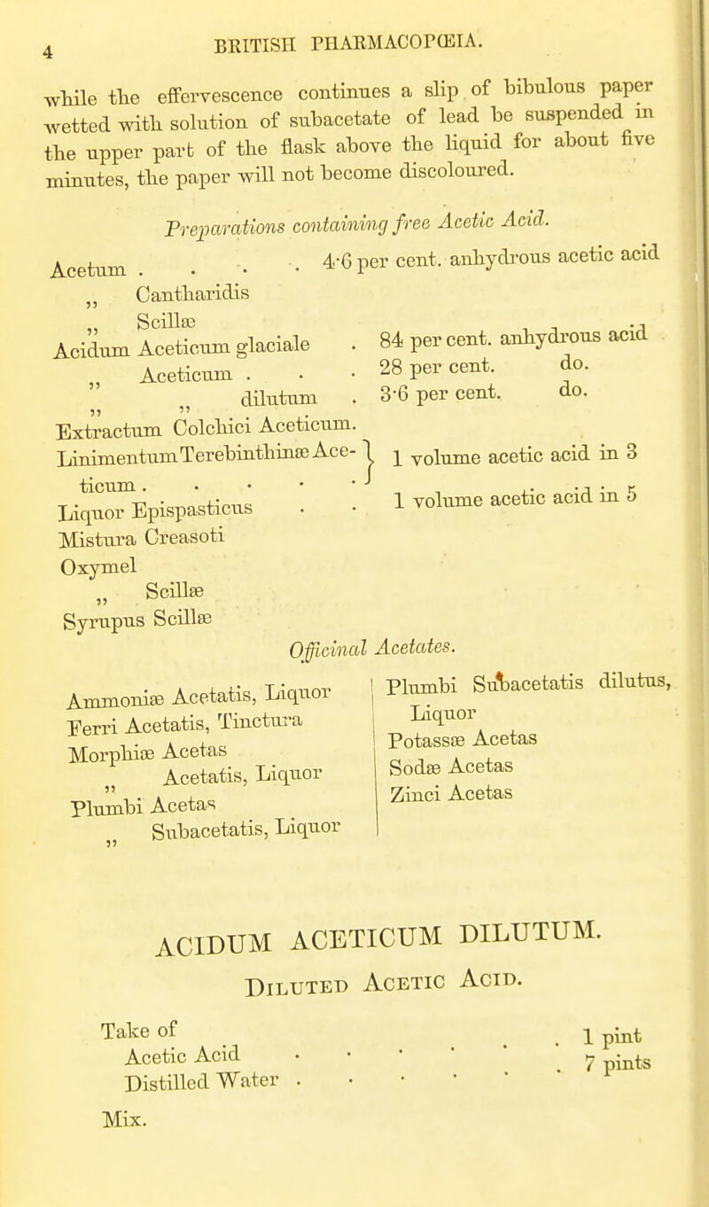 wHle the effervescence continues a slip of bibulous paper wetted witb solution of subacetate of lead be suspended m tbe upper part of the flask above tlie liquid for about five minutes, the paper wUl not become discoloured. Preparaticms contcdning free Acetic Acid. 4-6 per cent, aniiydi-ous acetic acid Acetum . Cantbaridis ',' SciUaj Acidum Aceticum glaciale „ Aceticum . dilutum Extractum Colcbici Aceticum. LinimentumTerebintbiniB Ace- ticum . . • • * Liquor Epispasticus Mistura Creasoti Oxymel „ Scillse Syrupus Scillas 84 per cent, anhydrous acid 28 per cent, do. 3-6 per cent. do. j. 1 volume acetic acid in 3 1 volume acetic acid in 5 Ammoniaa Acetatis, Liquor Eerri Acetatis, Tinctm-a Morpbioe Acetas Acetatis, Liquor Plumbi Acetas Subacetatis, Liquor Officinal Acetates. Plumbi Sulsacetatis dilutus, Liquor PotassEe Acetas Sodse Acetas Zinci Acetas ACIDUM ACETICUM DILUTUM. Diluted Acetic Acid. Take of i pjj^t Acetic Acid • • • • ' ^ - ^ Distilled Water . • • •  Mix.