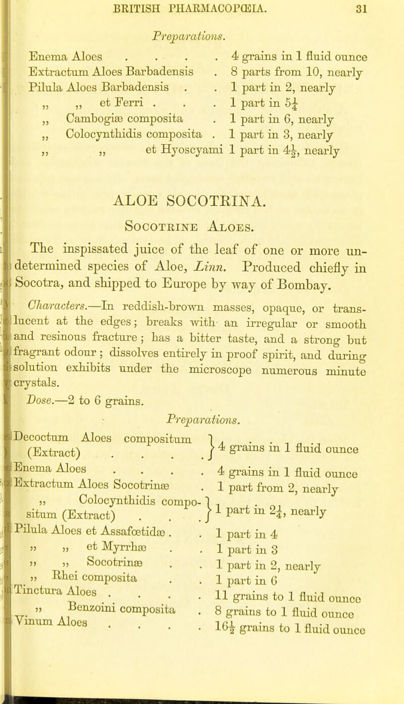 Preparations. Enema Aloes . . . .4 grains in 1 fluid ounce Extractum Aloes Barbadensis . 8 parts from 10, nearly Pilula Aloes Barbadensis . . 1 part in 2, nearly „ „ et Perri . . .1 part in 5|- Cambogise composita . 1 part in 6, nearly „ Colocyntliidis composita . 1 part in 3, nearly „ J, et Hyoscyami 1 part in 44, nearly ALOE SOCOTKINA. SocoTKiNE Aloes. The inspissated juice of the leaf of one or more un- determined species of Aloe, Linn. Produced chiefly in Socotra, and shipped to Em-ope by way of Bombay. Characters.—In reddish-brown masses, opaque, or trans- lucent at the edges; breaks with an irregular or smooth and resinous fracture; has a bitter taste, and a strong but fragrant odour ; dissolves entirely in proof spirit, and during solution exhibits under the microscope numerous minute crystals. Dose.—2 to 6 grains. Preparations. Decoctum Aloes compositum I - . . (Exti-act) . . . J 4 grams ml fluid ounce Enema Aloes .... 4 grains m 1 fluid omice Extractum Aloes Socotrinje . 1 part from 2, nearly „ Colocynthidis compo-1 , , . situm (Extract) . . _ 11 pa^t m 2^, nearly Pilula Aloes et Assafcetidge jj ,j et Myrrhse )j „ Socotrince „ Rhei composita Tinctura Aloes . 1 part in 4 1 part in 3 1 part in 2, nearly I part in 6 II grains to 1 fluid ounce _ _ O ■*- ■<-<-i-Vi VJIAXIU „ iienzomi composita . 8 grains to 1 fluid ounce Vmum Aloes .... 16^ grams to 1 fluid omice