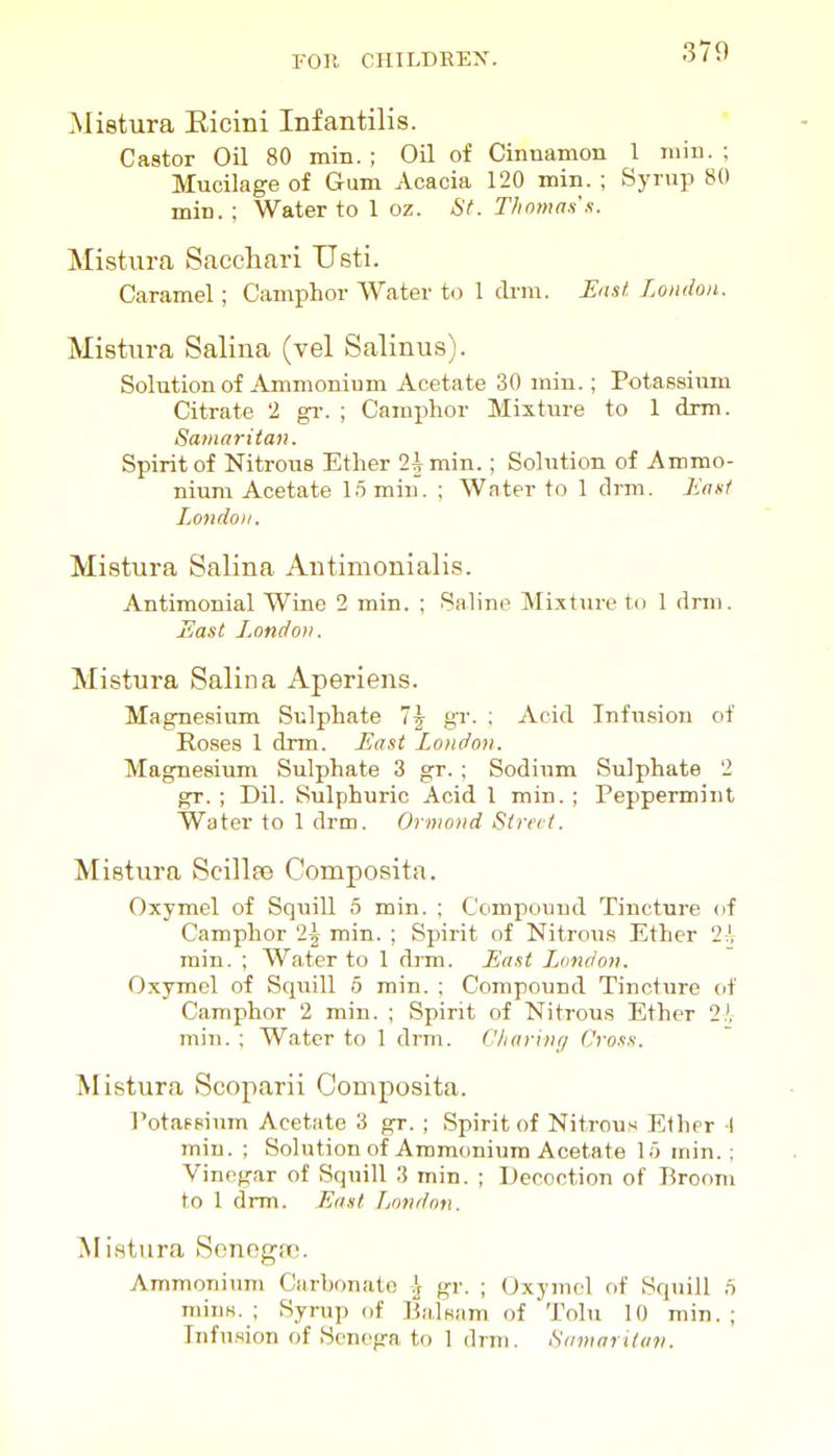 Mistura Ricini Infantilis. Castor Oil 80 min. ; Oil of Cinnamon 1 niin. ; Mucilage of Gum Acacia 120 min. ; Syrup 80 min. ; Water to 1 oz. St. T/innin.i's. Mistura Sacchari Usti. Caramel; Camphor Water to 1 clrni. lias/. London. Mistvira Salina (vel Salinus). Solution of Ammonium Acetate 30 min.; Potaesium Citrate 2 gr. ; Camphor Mixture to 1 drm. Samaritan. Spirit of Nitrous Ether 25min.; Solution of Ammo- nium Acetate 16 min. ; Water to 1 drm. Has/ London. Mistura Salina Antimonialis. Antimonial Wine 2 min. ; Saline Mixture to 1 drm. Hast Ljondon. Mistura Salina Aperiens. Magnesium Sulphate 7^ gr. ; Acid Infusion of Roses 1 drm. LSast London. Magnesium Sulphate 3 gr. ; Sodium Sulphate 2 gr. ; Dil. Sulphuric Acid 1 min. ; Peppermint Water to 1 drm. Ormond Street. Mistura Scillfe Composita. Oxymel of Squill 5 min. ; Compound Tincture of Camphor 2^ min. ; Spirit of Nitrous Ether 2-.V min. ; Water to 1 drm. £ast L^ondon. Oxymel of Squill 5 min. ; Compound Tincture cif Camphor 2 min. ; Spirit of Nitrous Ether 2.'. min. ; Water to 1 drm. C/iarhiff Cross. Mistura Scoparii Composita. Potapsium Acetate 3 gr. ; Spirit of Nitrous Ether I min. ; Solution of Ammonium Acetate 1;) min.: Vinegar of Squill 3 min. ; Decoction of Broom to 1 drm. East London. Mistura Senogpc. Ammonium Carbonate ?, gr. ; Oxymel of Squill 5 miuK. ; Syrup of Lalsam of Tolu 10 min.; Infu.sion of Senega to 1 drm. Samnrituv.