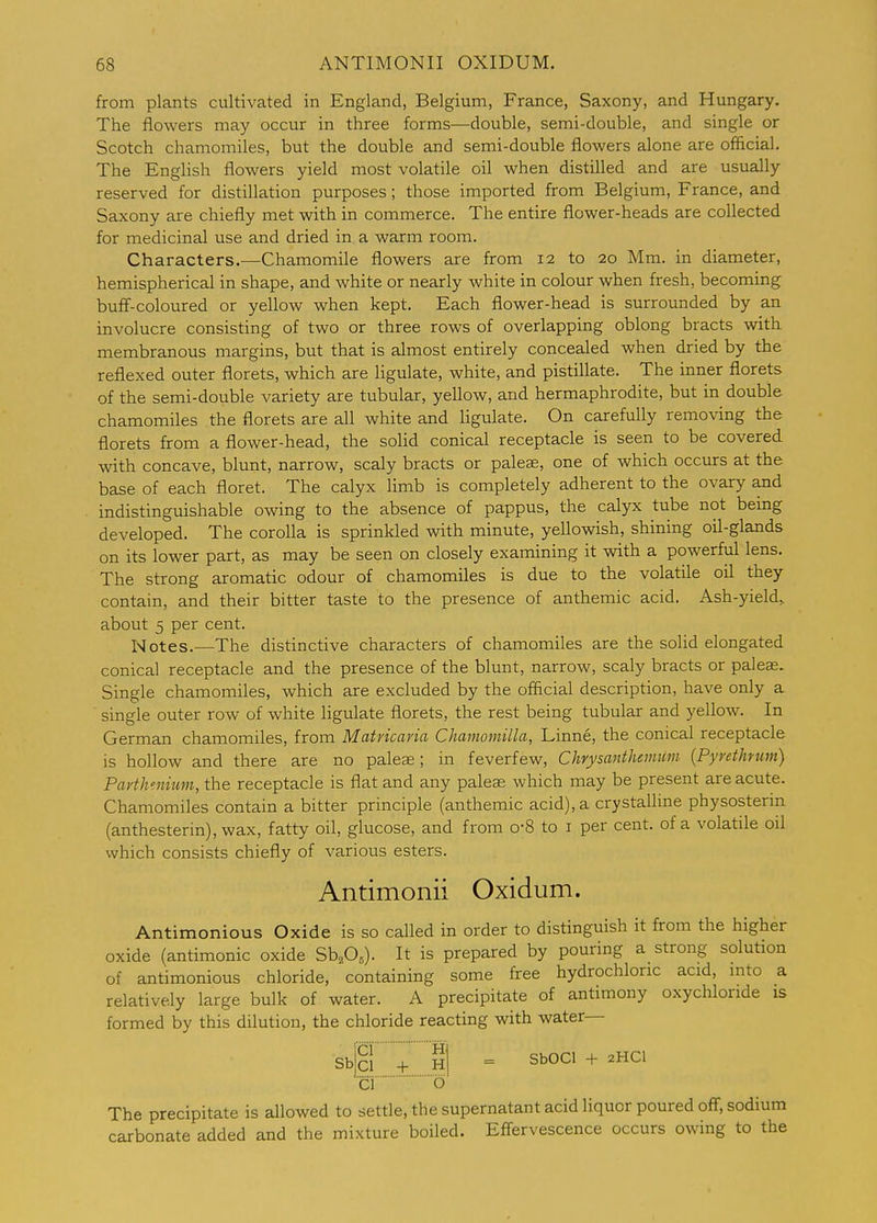 from plants cultivated in England, Belgium, France, Saxony, and Hungary. The flowers may occur in three forms—double, semi-double, and single or Scotch chamomiles, but the double and semi-double flowers alone are official. The English flowers yield most volatile oil when distilled and are usually reserved for distillation purposes; those imported from Belgium, France, and Saxony are chiefly met with in commerce. The entire flower-heads are collected for medicinal use and dried in a warm room. Characters.—Chamomile flowers are from 12 to 20 Mm. in diameter, hemispherical in shape, and white or nearly white in colour when fresh, becoming bufi-coloured or yellow when kept. Each flower-head is surrounded by an involucre consisting of two or three rows of overlapping oblong bracts with membranous margins, but that is almost entirely concealed when dried by the reflexed outer florets, which are ligulate, white, and pistillate. The inner florets of the semi-double variety are tubular, yellow, and hermaphrodite, but in double chamomiles the florets are all white and ligulate. On carefully removing the florets from a flower-head, the solid conical receptacle is seen to be covered with concave, blunt, narrow, scaly bracts or paleae, one of which occurs at the base of each floret. The calyx limb is completely adherent to the ovary and indistinguishable owing to the absence of pappus, the calyx tube not being developed. The corolla is sprinkled with minute, yellowish, shining oil-glands on its lower part, as may be seen on closely examining it with a powerful lens. The strong aromatic odour of chamomiles is due to the volatile oil they contain, and their bitter taste to the presence of anthemic acid. Ash-yield, about 5 per cent. Notes.—The distinctive characters of chamomiles are the solid elongated conical receptacle and the presence of the blunt, narrow, scaly bracts or paleag. Single chamomiles, which are excluded by the official description, have only a single outer row of white ligulate florets, the rest being tubular and yellow. In German chamomiles, from Matricaria Chamoniilla, Linne, the conical receptacle is hollow and there are no palese; in feverfew. Chrysanthemum {Pyrethnim) Parthenium, the receptacle is flat and any palese which may be present are acute. Chamomiles contain a bitter principle (anthemic acid), a crystalline physosterin. (anthesterin),wax, fatty oil, glucose, and from o-8 to i per cent, of a volatile oil which consists chiefly of various esters. Antimonii Oxidum. Antimonious Oxide is so called in order to distinguish it from the higher oxide (antimonic oxide Sh,0,). It is prepared by pouring a strong solution of antimonious chloride, containing some free hydrochloric acid, into a relatively large bulk of water. A precipitate of antimony oxychloride is formed by this dilution, the chloride reacting with water— fClH Sbjci + H ciO SbOCl + 2HCI The precipitate is allowed to settle, the supernatant acid liquor poured off, sodium carbonate added and the mixture boiled. Effervescence occurs owing to the