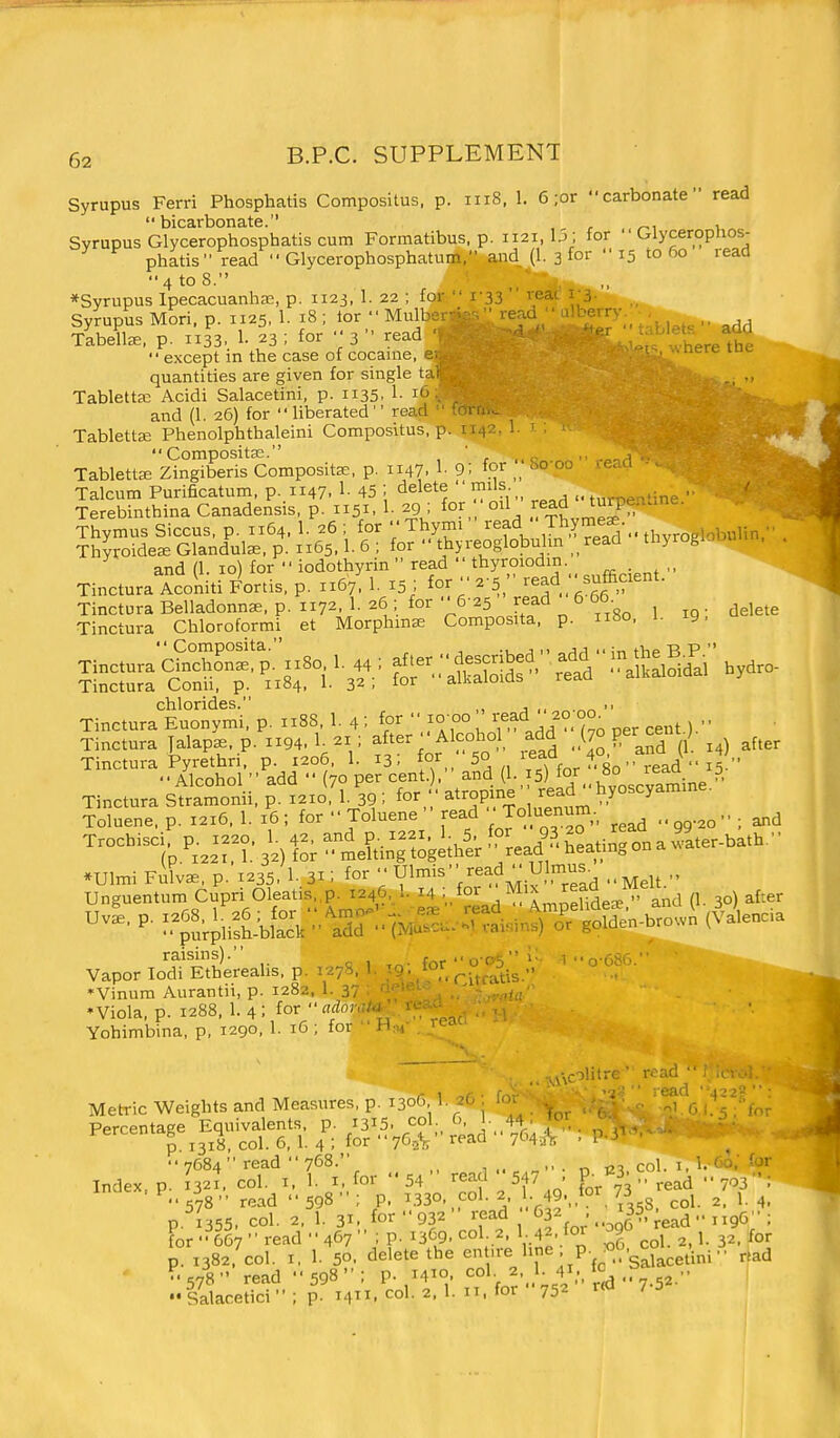 Syrupus Ferri Phosphatis Compositus, p. 1118, 1. 6 ;or carbonate read ** bic&i*boii3.tG  Svrupus Glycerophosphatis cum Formatibus, p. 1121, 1.3; for  Glycerophos- phatis read  Glycerophosphatum, and (1. 3 for 15 to 60 read 4 to 8. ^ *Syrupus IpecacuanhjE, p. 1123, 1. 22 ; for  1-33  reai 1-3. Syrupus Mori. p. 1125, 1. 18 ; lor  Mulber-V-, verul  ■l'.•''.rr^• Tabdlee, p. 1133, 1. 23 ; for ■; 3  read ...'''^tre the except in the case of cocaine, ; ' • -^t^re luc quantities are given for single iir- ., Tabletta: Acidi Salacetini, p. 1135. 1- i^v and (1. 26) for liberated read  ' Tabletta; Phenolphthaleini Compositus, p. n-,- - Compositse. ' _ _ ^. ' TablettEE Zingiberis Composite, p. 1147. !■ 9; for „ ^° '^'^ ' ^ Talcum Purificatum, p. 1147. 1- 45 ; delete  mils ..-rne^.jne Terebinthina Canadensis, p. 1151. 1- 29 , for, 'oil .f^J J^J^^''^ Thymus Siccus, p. 1164, 1. 26 ; for Thymi read Thyme^ Thyroideae Glandule, p. 1165.1. 6 ; for  thyreoglobuhn _ read thyrogl.ini and (1. 10) for  iodothyrin  read  thyroiodm. Tinctura Aconiti Fortis, p. 1167! 1. 15 - for; 2-5;' read sufficient. ^''S^:SJ-Tiio$;Jri£^oSt.'^So, 1. delete chlorides. , Tinctura Euonymi. p. 1188, 1. 4 ; for 10 00 read 20 00^ Tinctura Jalaps, p. 1194. 1- 21 ; after  Alcoho add (70 P^r cent.;. Tinctura Pyrethri. p. 1206, 1. 13; 5° /ff^-^. ^ fgo  read  15^^ Alcohol '• add  70 per cent.),' and (1. 15) .. ^..f.^^^^^ - •Ulmi Filvse, p. .a35'l^ 3>; 1°'  V'',°^MlV'°'r°id ••Melt  raisins). , foro-cS' Vapor lodi Etherealis, p. 12; lor ^.^^^^-^^^^ *Vinum Aurantii, p. 1282, 1. ' ,j *Viola, p. 1288, 1. 4; for •'adoviW Yohimbina, p, 1290, 1. 16 ; for  i' \colitre' ■ ' ■'2'^ read  j ,i ' read Metric Weights and Measures, p. 130O 1. ^i- ■ ■ - Percentage Equivalents, p. 1315. col 6, 1- 44 p. 1318, col. 6, 1. 4 ; for 762% rPad 764.,',-,  7684  read  768. col. i,l. 60.' * ■ Index,?. 1321. col. I. 1. I, for 54 '•^^f 547 • P/„^3read ■■703 '; P 578  read  598  ; P. i.330. ,col. 2, 1- 49.„f°^ 73 ^ ^, p.'(355, col. 2. 1. 3i;,for932 read ^^f^; ..^g^^-^ead  i igG'': for 667 read 467 ;P-1369. col. 2. 1.42, lor ay 2,1. 32. for p 1382. col. I. 1 50. delete the entire P ,^^.?sa°acetini rtad ' 578 •' read  598  ; P- i4^o. col. 2.. 1; 4i., fc ,. Salacetici ; p. 14. col. 2. 1. n. for 752 red / 5