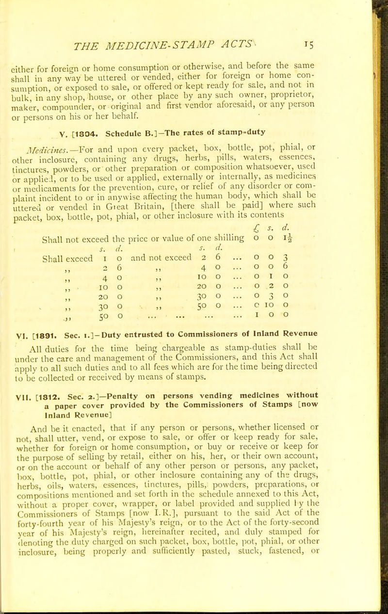 either for foreign or home consumption or otherwise, and before the same shall in any way be uttered or vended, either for foreign or home con- sumption, or exposed to sale, or offered or kept ready for sale, and not in bulk, in any shop, house, or other place by any such owner, proprietor, maker, compounder, or original and first vendor aforesaid, or any person or persons on his or her behalf. V. [1804. Schedule B.]-The rates of stanip=duty Medicines.— For and upon every packet, box, bottle, pot, phial, or other inclosure, containing any drugs, herbs, pills, waters, essences, tinctures, powders, or other preparation or composition whatsoever, used or applied, or to be used or applied, externally or internally, as medicines or medicaments for the prevention, cure, or relief of any disorder or com- plaint incident to or in anywise affecting the human body, which shall be uttered or vended in Gieat Britain, [there shall be paid] where such packet, box, bottle, pot, phial, or other inclosure with its contents £ s. d. Shall not exceed the price or value of one shilling o o \\ d. s. d. s. Shall exceed i o and not exceed 2 6 26 ,, 40 40 >. 10 0 10 o ,, 20 o 20 o ,, 30 o 30 o ,1 5° 0 o. 50 o ... 003 006 010 020 030 c 10 o 100 VI. [1891. Sec. 1.]-Duty entrusted to Commissioners of Inland Revenue All duties for the time being chargeable as stamp-duties shall be under the care and management of the Commissioners, and this Act shall apply to all such duties and to all fees which are for the time being directed to be collected or received by means of stamps. VII. [1812. Sec. 2.]—Penalty on persons vending medicines without a paper cover provided by the Commissioners of Stamps [now Inland Revenue] And be it enacted, that if any person or persons, whether licensed or not, shall utter, vend, or expose to sale, or offer or keep ready for sale, whether for foreign or home consumption, or buy or receive or keep for the purpose of selling by retail, either on his, her, or their own account, or on the account or behalf of any other person or persons, any packet, box, bottle, pot, phial, or other inclosure containing any of the drugs, herbs, oils, waters, essences, tinctures, pills, powders, preparations, or compositions mentioned and set forth in the schedule annexed to this Act, without a proper cover, wrapper, or label provided and supplied I y the Commissioners of Stamps [now I.R.], pursuant to the said Act of the forty-fourth year of his Majesty's reign, or to the Act of the forty-second year of his Majesty's reign, hereinafter recited, and duly stamped for denoting the duty charged on such packet, box, bottle, pot, phial, or other inclosure, being properly and sufficiently pasted, stuck, fastened, or