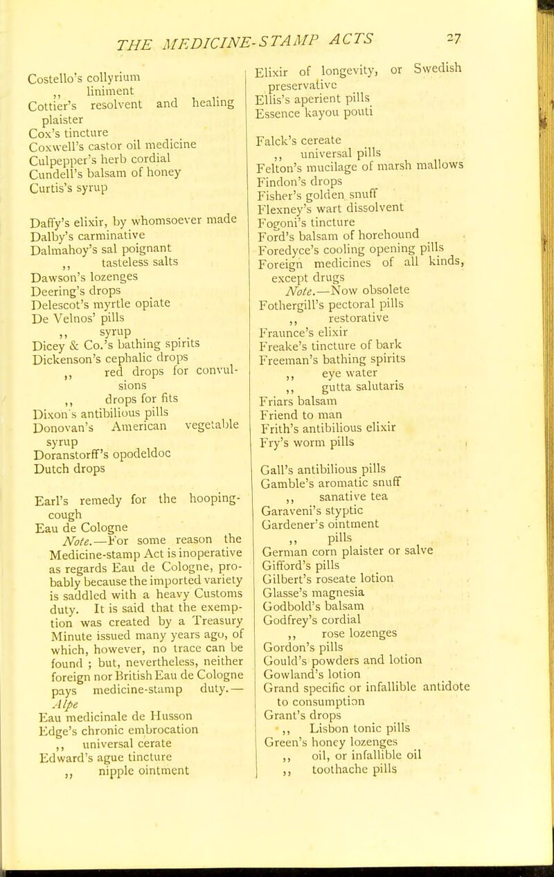 Costello's collyrium ,, liniment Cottier's resolvent and healing plaister Cox's tincture Coxwell's castor oil medicine Culpepper's herb cordial Cundell's balsam of honey Curtis's syrup Daffy's elixir, by whomsoever made Dalby's carminative Dalmahoy's sal poignant „ tasteless salts Dawson's lozenges Deering's drops Delescot's myrtle opiate De Velnos' pills syruP Dicey & Co.'s bathing spirits Dickenson's cephalic drops red drops for convul- sions ,, drops for fits Dixon's antibilious pills Donovan's American vegetable syrup Doranstorff's opodeldoc Dutch drops Earl's remedy for the hooping- cough Eau de Cologne Note.—For some reason the Medicine-stamp Act is inoperative as regards Eau de Cologne, pro- bably because the imported variety is saddled with a heavy Customs duty. It is said that the exemp- tion was created by a Treasury Minute issued many years ago, of which, however, no trace can be found ; but, nevertheless, neither foreign nor British Eau de Cologne pays medicine-stamp duty.— Alpe Eau medicinale de Husson Edge's chronic embrocation ,, universal cerate Edward's ague tincture nipple ointment Elixir of longevity, or Swedish preservative Ellis's aperient pills Essence kayou pouti Falck's cereate ,, universal pills Felton's mucilage of marsh mallows Findon's drops Fisher's golden, snuff Flexney's wart dissolvent Fogoni's tincture Ford's balsam of horehound Foredyce's cooling opening pills Foreign medicines of all kinds, except drugs Note.—Now obsolete FothergilPs pectoral pills ,, restorative Fraunce's elixir Freake's tincture of bark Freeman's bathing spirits eye water ,, gutta salutaris Friars balsam Friend to man Frith's antibilious elixir Fry's worm pills Gall's antibilious pills Gamble's aromatic snuff ,, sanative tea Garaveni's styptic Gardener's ointment pills _ German corn plaister or salve Gifford's pills Gilbert's roseate lotion Glasse's magnesia Godbold's balsam Godfrey's cordial ,, rose lozenges Gordon's pills Gould's powders and lotion Gowland's lotion Grand specific or infallible antidote to consumption Grant's drops ,, Lisbon tonic pills Green's honey lozenges ,, oil, or infallible oil toothache pills