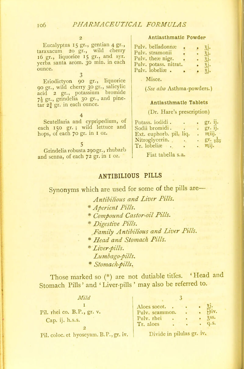 Eucalyptus 15 gr., genLian 4 gr., taraxacum 20 gr., wild cherry 16 gr., liquorice 15 gr., and syr. yerba santa arom. 30 min. in each ounce. 3 Eriodictyon 90 gr., liquorice 90 gr., wild cherry 30 gr., salicylic acid 2 gr., potassium bromide 7 2 gr-> gndelia 30 gr., and pine- tar 2j gr. in each ounce. 4 Scutellaria and cypripedium, of each 150 gr. ; wild lettuce and hops, of each 70 gr. in 1 oz. 5 Grindelia robusta 290 gr., rhubarb and senna, of each 72 gr. in 1 oz. Antiasthmatic Powder Pulv. belladonna? < Pulv. stramonii , Pulv. these nigr. . Pulv. potass, nitrat. Pulv. lobeliee . , . Misce. (See also Asthma-powders.) Antiasthmatic Tablets (Dr. Hare's prescription) Potass, iodidi. Sodii bromidi. Ext. euphorb. pil. Nitroglycerin. Tr. lobelia; . liq. gf- U- rniij. gr- 200 ntij. Fiat tabella s.a. ANTIBILIOUS PILLS Synonyms which are used for some of the pills are— AntibiHous and Liver Pills. * Aperient Pills. * Co7npound Castor-oil Pills. * Digestive Pills. Family AntibiHous and Liver Pills. * Bead and Stomach Pills. * Liver-pills. Lumbago-pills. * Stomach-pills. Those marked so (*) are not dutiable titles. 1 Head and Stomach Pills' and ' Liver-pills ' may also be referred to. Mild 1 Pil. rhei co. B.P., gr. v. Cap. ij. h.s.s. 2 Pil. coloc. ct hyoscyam. B. P., gr. iv. Aloes socot. . Pulv. scammon. Pulv. rhci Tr. aloes Divide in pilulas gr. iv.