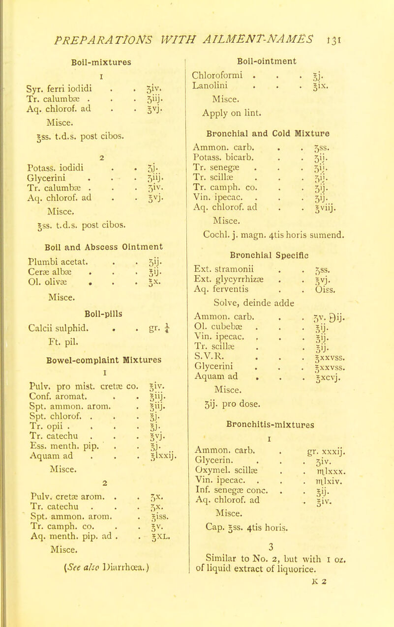 Boll-mixtures Syr. ferri iodidi . . 5^Vl Tr. calumbre . . . 5iij. Aq. chlorof. ad . . gvj. Misce. 3SS. t.d.s. post cibos. Potass, iodidi . • 5> Glycerini . . . rSiij - Tr. calumbce . . . ,7)iv. Aq. chlorof. ad . . gvj. Misce. *ss. t.d.s. post cibos. Boll and Abscess Ointment Plumbi acetat. . . 5ij. Cera? albse . . . jij. Ol. olivse . . . Jx. Misce. Boil-pills Calcii sulphid. . Ft. pil. Bowel-complaint Mixtures I Pulv. pro mist, cretre co Conf. aromat. Spt. ammon. arom. Spt. chlorof. . Tr. opii . . Tr. catechu Ess. menth. pip. Aquam ad Misce. Pulv. cretas arom. . Tr. catechu Spt. ammon. arom. Tr. camph. co. Aq. menth. pip. ad Misce. SUJ- si- 5J- 5VJ- S3- .. glxxvj. ^1SS. {See alio Diarrhoea.) Boil-ointment Chloroformi . . . gj. Lanolini . . . jix. Misce. Apply on lint. Bronchial and Cold Mixture Ammon. carb. . . ^ss. Potass, bicarb. Tr. senegce Tr. scillae Tr. camph. co. Vin. ipecac. Aq. chlorof. ad Misce. 0s 5»J- 5'j- 5V10- Cochl. j. magn. 4tis horis sumend. Bronchial Specific Ext. stramonii Ext. glycyrrhizas Aq. ferventis Solve, deinde adde Ammon. carb. Ol. cubebse Vin. ipecac. Tr. scillre S.V.R. _ Glycerini Aquam ad . Misce. 5ij. pro dose. 5SS- svi- Oiss. 5V- By- 5'j- S'j- gxxvss. 5(xxvss. gxcvj. Bronchitis-mixtures 1 Ammon. carb. Glycerin. Oxymel. scillre Vin. ipecac. Inf. senegse cone. Aq. chlorof. ad Misce. Cap. =ss. 4tis horis. gr. xxxij. nilxxx. ntlxiv. S'j- si v. Similar to No. 2, but with 1 ol. of liquid extract of liquorice. K 2