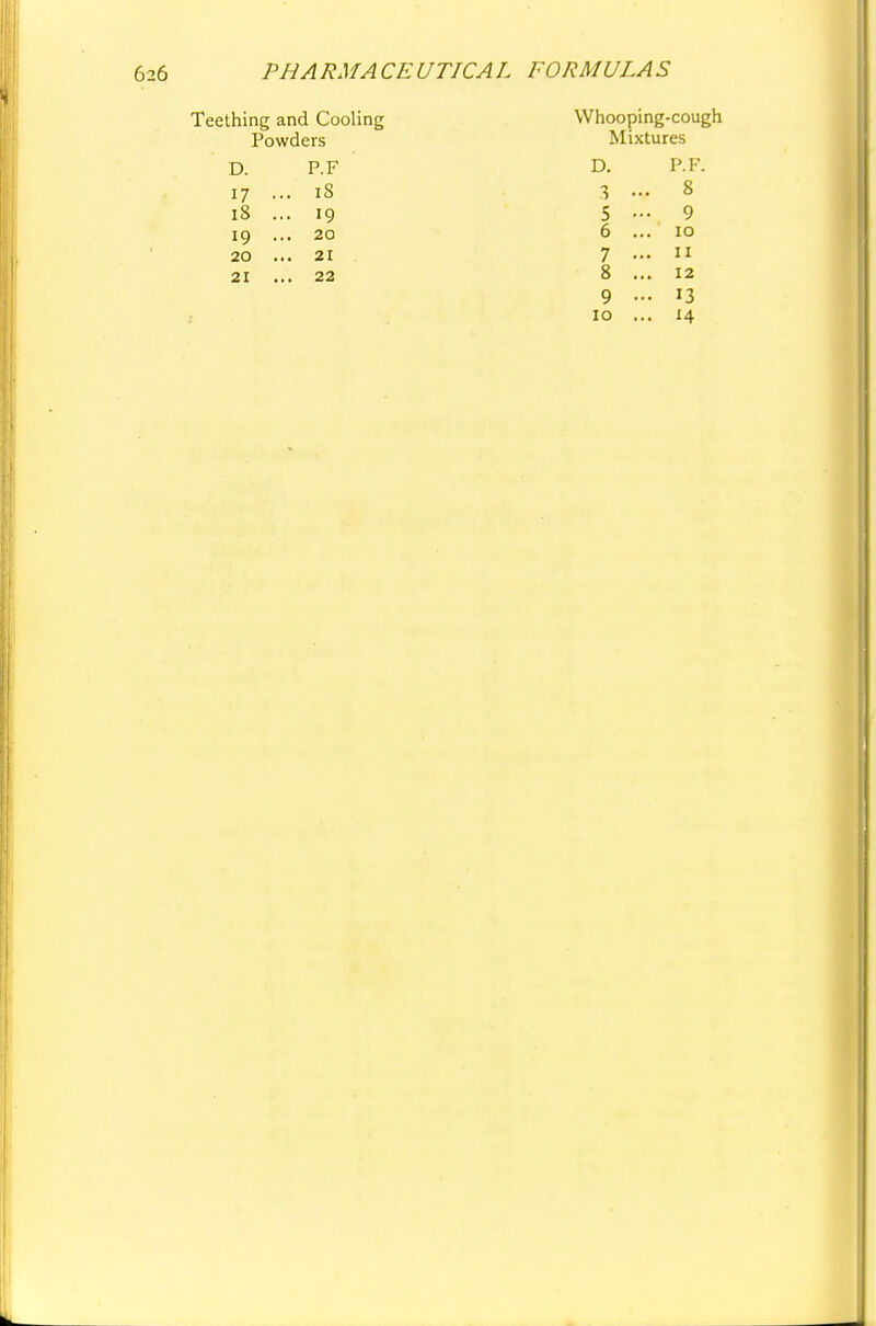 Teething and Cooling Powders D. P.F 17 • .. IS 18 . • 19 19 . .. 20 20 . .. 21 21 . .. 22 Whooping-cough Mixtures D. P.F. 3 •• . 8 5 • • 9 6 . . 10 7 • . 11 8 . . 12 9 • • 13 10 . . 14