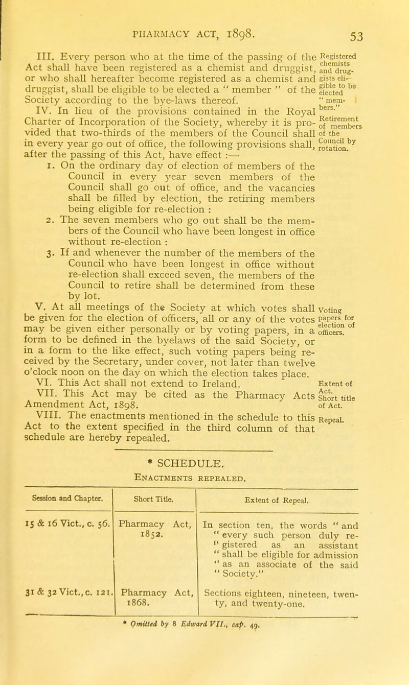 III. Every person who at the time of the passing of the Registered Act shall have been registered as a chemist and druggist, and'drug- or who shall hereafter become registered as a chemist and gjsis cu- druggist, shall be ehgible to be elected a  member  of the fJected Society according to the bye-laws thereof.  mem- IV. In lieu of the provisions contained in the Royal Charter of Incorporation of the Society, whereby it is pro- members vided that two-thirds of the members of the Council shall of the in every year go out of office, the following provisions shall, ^o^at^on^^ after the passing of this Act, have effect :— 1. On the ordinary day of election of members of the Council in every year seven members of the Council shall go out of office, and the vacancies shaU be filled by election, the retiring members being eligible for re-election : 2. The seven members who go out shaU be the mem- bers of the Council who have been longest in office without re-election : 3. If and whenever the number of the members of the Council who have been longest in office without re-election shall exceed seven, the members of the Council to retire shall be determined from these by lot. V. _ At aU meetings of the Society at which votes shall voting be given for the election of officers, all or any of the votes papers for may be given either personally or by voting papers, in a officer^ form to be defined in the byelaws of the said Society, or in a form to the like effect, such voting papers being re- ceived by the Secretary, under cover, not later than twelve o'clock noon on the day on which the election takes place. VI. This Act shall not extend to Ireland. Extent of VII. This Act may be cited as the Pharmacy Acts shok title Amendment Act, 1898. of Act. VIII. The enactments mentioned in the schedule to this Repeal. Act to the extent specified in the third column of that schedule are hereby repealed. * SCHEDULE, Enactments repealed. Session and Chapter. Short Title. Extent of Repeal. IS & 16 Vict., 0. 56. Pharmacy Act, 1852. In section ten, the words  and  every such person duly re-  gistered as an assistant  shall be eligible for admission  as an associate of the said  Society. 31 & 32 Vict., C. 121. Pharmacy Act, 1868. Sections eighteen, nineteen, twen- ty, and twenty-one. ♦ Omitted by 8 Edward Vfl., cap. 49.