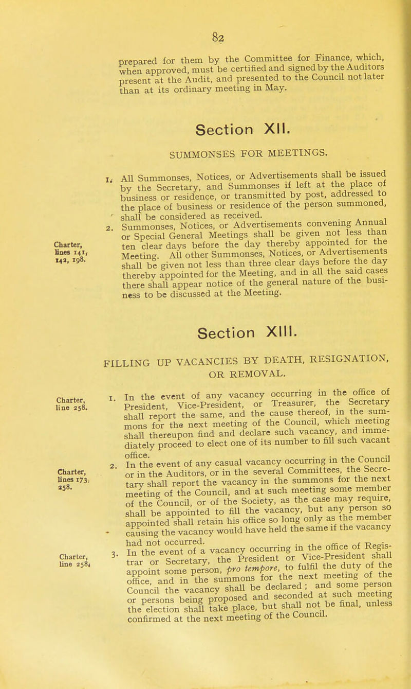 prepared for them by the Committee for Fmance, which, when approved, must be certified and signed by the Auditors present at the Audit, and presented to the Council not later than at its ordinary meeting in May. Section XII. SUMMONSES FOR MEETINGS. U All Summonses, Notices, or Advertisements shall be issued bv the Secretary, and Summonses if left at the place of business or residence, or transmitted by post, addressed to the place of business or residence of the person summoned, ' shall be considered as received. 2 Summonses, Notices, or Advertisements convening Annual or Special General Meetings shall be given not less than Charter, ten clear days before the day thereby appointed for the Unes 141, Meeting All other Summonses, Notices, or Advertisements shall be given not less than three clear days before the day therebv appointed for the Meeting, and in all the said cases there shall appear notice of the general nature of the busi- ness to be discussed at the Meeting. Section XIII. Charter, line 2j8. Charter, lines 173, 338. Charter, line 2S8< FILLING UP VACANCIES BY DEATH, RESIGNATION. OR REMOVAL. 1 In the event of any vacancy occurring in the office of ■ President Vice-President, or Treasurer, the Secretary shall report the same, and the cause thereof, in the sum- mons for the next meeting of the Council, which meeting shall thereupon find and declare such vacancy, and imme- diately proceed to elect one of its number to fiU such vacant 2 In the event of any casual vacancy occurring in the Council ■ or in the Auditors, or in the several Committees the Secre- tary shaU report the vacancy in the summons for the next meeting of the Council, and at such meetmg some member of the Council, or of the Society, as the case may requu-e shall be appointed to fiU the vacancy, but any person so appointed shall retain his office so long only as he member - causing the vacancy would have held the same if the vacancy , ^n^'the event'ofa vacancy occurring in the office of Regis- trar or Secretary the President or Vice-President shall fnnnint some pe7son, pro tempore, to fulfil the duty of the office and in The summons for the next meeting of the Cou^ciWhe vacancy shall declared ; and some person or persons being foposed an^ --n^^^^^f,^ the election shall take place, Dut snaxi uui. confirmed at the next meeting of the Councu.