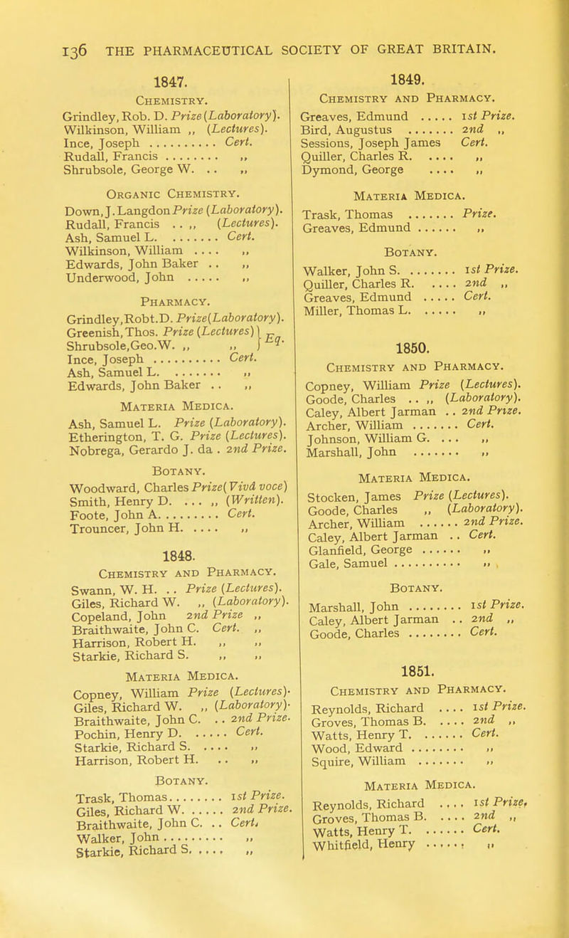 1847. Chemistry. Grindley, Rob. D. Prize [Laboratory). Wilkinson, William ,, {Lectures). Ince, Joseph Cert. Rudall, Francis „ Shrubsole, George W. .. Organic Chemistry. Down, J. LangdonPme {Laboratory). Rudall, Francis .. ., (Lectures). Ash, Samuel L Cert. Wilkinson, William Edwards, John Baker .. „ Underwood, John ,, Pharmacy. Grindley, Rob t. D. Prize{Laboratory). Greenish,Thos. Prize {Lectures)) _ Shrubsole,Geo.W. „ „ J-^^' Ince, Joseph Cert. Ash, Samuel L >• Edwards, John Baker .. ,, Materia Medica. Ash, Samuel L. Prize {Laboratory). Etherington, T. G. Prize {Lectures). Nobrega, Gerardo J. da . 2nd Prize. Botany. Woodward, Charles Prize{ Vivd voce) Smith, Henry D. ... „ (Written). Foote, John A Cert. Trouncer, John H „ 1848. Chemistry and Pharmacy. Swann, W. H. .. Prize (Lectures). Giles, Richard W. „ (Laboratory). Copeland, John 2nd Prize „ Braithwaite, John C. Cert. „ Harrison, Robert H. ,, ,, Starkie, Richard S. Materia Medica. Copney, William Prize (Lectures)- Giles, Richard W. „ (Laboratory)- Braithwaite, John C. .. 2nd Prize. Pochin, Henry D Cert. Starkie, Richard S Harrison, Robert H. .. » Botany. Trask, Thomas ist Prize. Giles, Richard W 2nd Prize. Braithwaite, John C. .. Cert, Walker, John Starkie, Richard S „ 1849. Chemistry and Pharmacy. Greaves, Edmund 1st Prize. Bird, Augustus 2nd ,, Sessions, Joseph James Cert. Quiller, Charles R „ Dymond, George .... „ Materia Medica. Trask, Thomas Prize. Greaves, Edmund ,, Botany. Walker, John S 1st Prize. Quiller, Charles R 2nd „ Greaves, Edmund Cert. Miller, Thomas L „ 1850. Chemistry and Pharmacy. Copney, William Prize (Lectures). Goode, Charles .. „ (Laboratory). Caley, Albert Jarman .. 2nd Prize. Archer, William Cert. Johnson, William G. ... ,, Marshall, John Materia Medica. Stocken, James Prize (Lectures). Goode, Charles ,. (Laboratory). Archer, WUUam 2nd Prize. Caley, Albert Jarman . . Cert. Glanfield, George Gale, Samuel . Botany. Marshall, John 1st Prize. Caley, Albert Jarman .. 2nd „ Goode, Charles Cert. 1851. Chemistry and Pharmacy. Reynolds, Richard 1st Prize. Groves, Thomas B 2nd ,, Watts, Henry T Cert. Wood, Edward Squire, William • Materia Medica. Reynolds, Richard .... ist Prize, Groves, Thomas B 2nd „ Watts, Henry T Cert. Whitfield, Henry , ,.