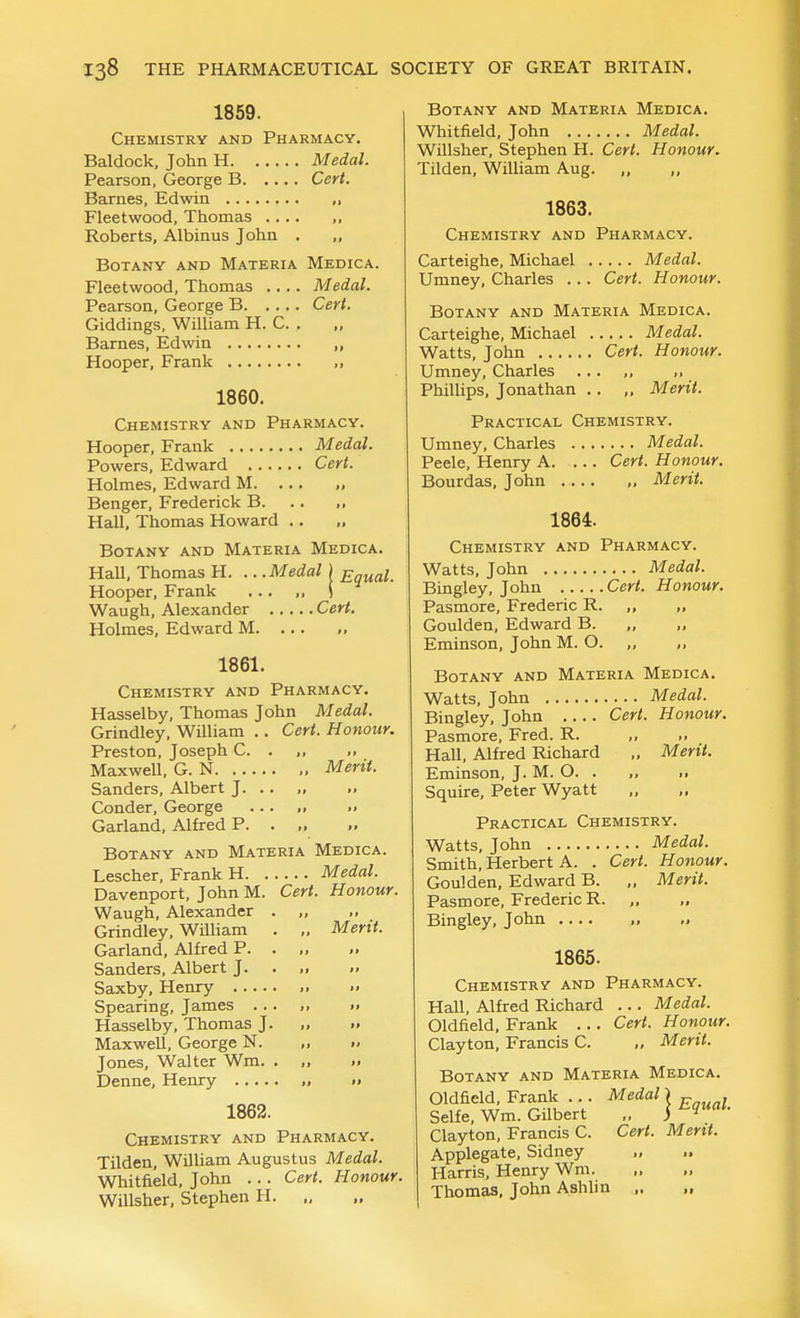 1859. Chemistry and Pharmacy. Baldock, John H Medal. Pearson, George B Cert. Barnes, Edwin Fleetwood, Thomas .... Roberts, Albinus John . ,, Botany and Materia Medica. Fleetwood, Thomas Medal. Pearson, George B. Giddings, William H. C Barnes, Edwin Hooper, Frank Cert. 1860. Chemistry and Pharmacy. Hooper, Frank Medal. Powers, Edward Cert. Holmes, Edward M. . Benger, Frederick B. Hall, Thomas Howard Botany and Materia Medica. HaU, Thomas H. .. .Medal ) Equal. Hooper, Frank ... „ S Waugh, Alexander Cert. Holmes, Edward M. ... „ 1861. Chemistry and Pharmacy. Hasselby, Thomas John Medal. Grindley, William .. Cert. Honour. Preston, Joseph C. . Maxwell, G. N „ Merit. Sanders, Albert J. .. Conder, George ... ,. .. Garland, Alfred P. . „ >, Botany and Materia Medica. Lescher, Frank H Medal. Davenport, John M. Cert. Honour. Waugh, Alexander . Grindley, William . Garland, Alfred P. . Sanders, Albert J. . Saxby, Henry Spearing, James ... Hasselby, Thomas J. Maxwell, George N. Jones, Walter Wm. . Denne, Henry 1862. Chemistry and Pharmacy. Tilden, William Augustus Medal. Whitfield, John ... Cert. Honour. Willsher, Stephen H. „ Merit. Botany and Materia Medica. Whitfield, John Medal. Willsher, Stephen H. Cert. Honour. Tilden, William Aug. „ 1863. Chemistry and Pharmacy. Carteighe, Michael Medal. Umney, Charles ... Cert. Honour. Botany and Materia Medica. Carteighe, Michael Medal. Watts, John Cert. Honour. Umney, Charles ... Phillips, Jonathan .. ,, Merit. Practical Chemistry. Umney, Charles Medal. Peele, Henry A. ... Cert. Honour. Bourdas, John „ Merit. 1864. Chemistry and Pharmacy. Watts, John Medal. Bingley, John Cert. Honour. Pasmore, Frederic R. „ „ Goulden, Edward B. Eminson, John M. O. ,, Botany and Materia Medica. Watts, John Medal. Bingley, John Cert. Honour. Pasmore, Fred. R. Hall, Alfred Richard „ Merit. Eminson, J. M. O. . Squire, Peter Wyatt Practical Chemistry. Watts, John Medal. Smith, Herbert A. . Cert. Honour. Goulden, Edward B. „ Merit. Pasmore, Frederic R. „ Bingley, John .... „ „ 1865. Chemistry and Pharmacy. HaU, Alfred Richard ... Medal. Oldfield, Frank ... Cert. Honour. Clayton, Francis C. „ Merit. Botany and Materia Medica. Oldfield, Frank ... Medal \ ^ , Selfe, Wm. GUbert „ j Clayton, Francis C. Cert. Merit. Applegate, Sidney „ •> Harris, Henry Wm. ,, „ Thomas. John Ashlin ,. .,