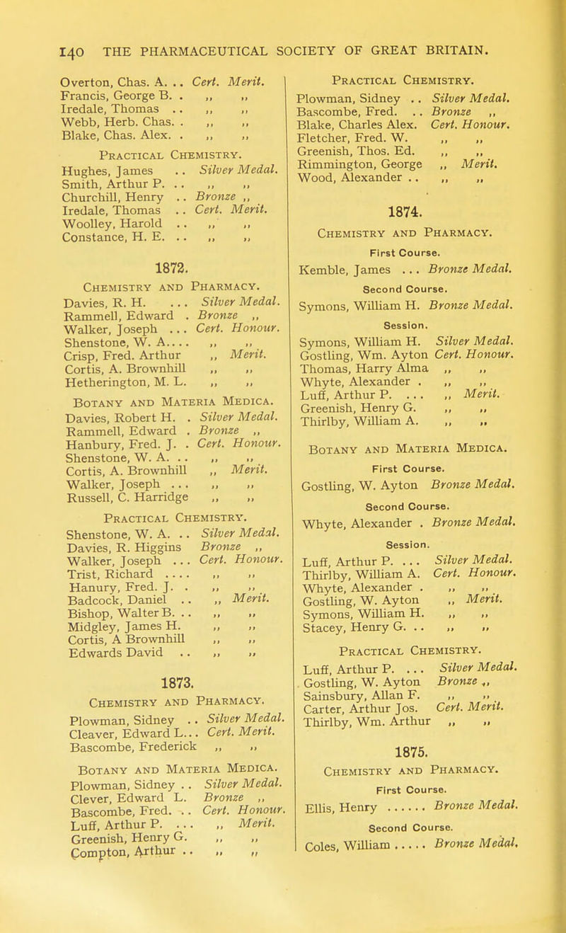 Overton, Chas. A. .. Cert. Merit. Francis, George B. . ,, „ Iredale, Thomas .. ,, ,, Webb, Herb. Chas. . ,, Blake, Chas. Alex. . ,, ,, Practical Chemistry. Hughes, James .. Silver Medal. Smith, Arthur P. . . Churchill, Henry .. Bronze ,, Iredale, Thomas .. Cert. Merit. Woolley, Harold .. ,, Constance, H. E. .. ,, 1873. Chemistry and Pharmacy. Davies, R. H. ... Silver Medal. Rammell, Edward . Bronze ,, Walker, Joseph ... Cert. Honour. Shenstone, W. A Crisp, Fred. Arthur ,, Merit. Cortis, A. Brownhill „ ,, Hetherington, M. L. „ ,, Botany and Materia Medica. Davies, Robert H. . Silver Medal. Rammell, Edward . Bronze ,, Hanbury, Fred. J. . Cert. Honour. Shenstone, W. A. .. ,, ., Cortis, A. Brownhill „ Merit. Walker, Joseph ... „ Russell, C. Harridge „ Practical Chemistry. Shenstone, W. A. .. Silver Medal. Davies, R. Higgins Bronze „ Walker, Joseph ... Cert. Honour. Trist, Richard Hanury, Fred. J. . ,, Badcock, Daniel .. „ Merit. Bishop, Walter B. .. Midgley, James H. Cortis, A Brownhill ,, „ Edwards David .. „ .. 1873. Chemistry and Pharmacy. Plowman, Sidney .. Silver Medal. Cleaver, Edward L... Cert. Merit. Bascombe, Frederick „ Botany and Materia Medica. Plowman, Sidney .. Silver Medal. Clever, Edward L. Bronze „ Bascombe, Fred. .. Cert. Honour. Luff, Arthur P , Merit. Greenish, Henry G. Compton, A-rthur .. „ „ Practical Chemistry. Plowman, Sidney .. Silver Medal. Bascombe, Fred. .. Bronze ,, Blake, Charles Alex. Cert. Honour. Fletcher, Fred. W. Greenish, Thos. Ed. Rimmington, George ,, Merit. Wood, Alexander .. „ „ 1874. Chemistry and Pharmacy. First Course. Kemble, James ... Bronze Medal. Second Course. Symons, William H. Bronze Medal. Session. Symons, WilUam H. Silver Medal. Gostling, Wm. Ayton Cert. Honour. Thomas, Harry Alma Whyte, Alexander . ,, ,, Luff, Arthur P. ... „ Merit. Greenish, Henry G. „ „ Thirlby, William A. Botany and Materia Medica. First Course. Gostling, W. Ayton Bronze Medal. Second Course. Whyte, Alexander . Bronze Medal. Session. Luff, Arthur P. ... Silver Medal. Thirlby, William A. Cert. Honour. Whyte, Alexander . ,, ,, Gostling, W. Ayton ., Merit. Symons, William H. „ Stacey, Henry G. .. „ » Practical Chemistry. Luff, Arthur P. ... Silver Medal. Gostling, W. Ayton Bronze Sainsbury, Allan F. „ » Carter, Arthur Jos. Cert. Merit. Thirlby, Wm. Arthur „ ,, 1875. Chemistry and Pharmacy. First Course. Ellis, Henry Bronze Medal. Second Course. Coles, William Bronze Medal,