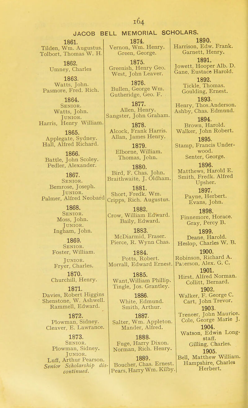 JACOB BELL MEMORIAL SCHOLARS. 1861. Tilden, Wm. Augustus. Tolbort. Thomas W. H. 1862. Umney, Charles 1863. Watts, John. Pasmore, Fred. Rich. 1864. Senior. Watts, John. Junior. Harris, Henry William 1865. Applegate, Sydney. Hall, Alfred Richard. 1866. Battle, John Scoley. Pedlar, Alexander. 1867. Senior. Bemrose, Joseph. Junior. Palmer, Alfred Neobard 1868. Senior. Moss, John. Junior. Ingham, John. 1869. Senior. Foster, William. Junior. Fryer, Charles. 1870. Churchill, Henry. 1871. Davies, Robert Higgins Shenstone, W. Ashwell. Rammell, Edward. 1872. Plowman, Sidney. Cleaver, E. Lawrance. 1873. Senior. Plowman, Sidney. Junior. Luff, Axthur Pearson. Senior Scholarship dis- continued. 1874. Vernon, Wm. Henry. Green, George. 1875. Greenish, Henry Geo. West, John Leaver. 1876. Bullen, George Wm. Gutheridge, Geo. F. 1877. Allen, Henry. Sangster, John Graham 1878. Alcock, Frank Harris. Allan, James Henry. 1879. Elborne, William. Thomas, John. 1880. Bird, F. Chas. John. Braithwaite, J. Oldham. 1881. Short, Fredk. Wm. Cripps, Rich. Augustus. 1882. Crow, WiUiam Edward. Baily, Edward. 1883. McDiarmid, Eraser. Pierce, R. Wynn Chas. 1884. Potts, Robert. Morrall, Edward Ernest, 1885. Want.William Phillip. Tingle, Jos. Grantley. 1886. Wliite, Edmund. Smith, Arthur. 1887. Salter, Wm. Appleton. Mander, Alfred. 1888. Fuge, Harry Dixon. Norman, Rich. Henry. 1889. Boucher, Chas. Ernest. Pears, Harry Wm. Kilby 1890. Harrison, Edw. Frank. Garnett, Henry. 1891. Jowett, Hooper Alb. D. Gane. Eustace Harold. 1892. Tickle, Thomas. Goulding, Ernest. 1893. Henry, Thos.Anderson. Ashby, Chas. Edmund. 1894. Brown, Harold. Walker, John Robert. 1895. Stamp, Francis Under- wood. Senter, George. 1896. Matthews, Harold E. Smith, Fredk. Alfred Upsher. 1897. Payne, Herbert. Evans, John. 1898. Finnemore, Horace. Gray, Percy B. 1899. Deane, Harold. Heslop, Charles W. B. 1900. Robinson, Richard A. Paierson, Alex. G. C. 1901. Hirst, Alfred Norman. CoUitt, Bernard. 1902. Walker, F. George C. Cart, John Trevor. 1903. Treneer, John Maurice. Cole, George Marie J. 1904. Watson, Edwin Long- staff. Gilling, Charles. 1905. Bell, Matthew William. Hampshire, Charles Herbert.