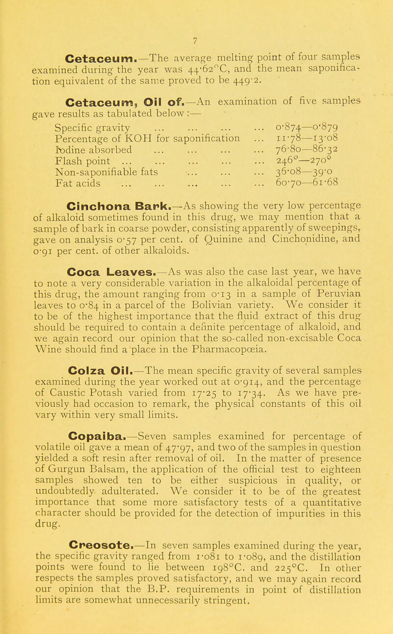 Cetaceum.—The average melting point of four samples examined during the year was 44-62C, and the mean saponifica- tion equivalent of the same proved to be 449'2. Cetaceum, Oil of.—An examination of five samples gave results as tabulated below :— Specific gravity 0-874—0-879 Percentage of KOII for saponification ... 11-78—13-08 Jodine absorbed 76-80—86-32 Flash point 246—270° Non-saponifiable fats ... 36-08—39-0 Fat acids 60-70—61-68 Cinchona Bark.—As showing the very low percentage of alkaloid sometimes found in this drug, we may mention that a sample of bark in coarse powder, consisting apparently of sweepings, gave on analysis 0-57 per cent, of Quinine and Cinchonidine, and 0-91 per cent, of other alkaloids. Coca Leaves.—As was also the case last year, we have to note a very considerable variation in the alkaloidal percentage of this drug, the amount ranging from 0-13 in a sample of Peruvian leaves to 0-84 in a parcel of the Bolivian variety. We consider it to be of the highest importance that the fluid extract of this drug should be required to contain a definite percentage of alkaloid, and we again record our opinion that the so-called non-excisable Coca Wine should find a place in the Pharmacopoeia. Colza Oil.—The mean specific gravity of several samples examined during the year worked out at 0-914, and the percentage of Caustic Potash varied from 17-25 to 17-34. As we have pre- viously had occasion to remark, the physical constants of this oil vary within very small limits. Copaiba.—Seven samples examined for percentage of volatile oil gave a mean of 47-97, and two of the samples in question yielded a soft resin after removal of oil. In the matter of presence of Gurgun Balsam, the application of the official test to eighteen samples showed ten to be either suspicious in quality, or undoubtedly adulterated. W^e consider it to be of the greatest importance that some more satisfactory tests of a quantitative character should be provided for the detection of impurities in this drug. Creosote.—In seven samples examined during the year, the specific gravity ranged from i-o8i to 1-089, ^d the distillation points were found to lie between i98°C. and 225°C. In other respects the samples proved satisfactory, and we may again record our opinion that the B.P. requirements in point of distillation limits are somewhat unnecessarily stringent.