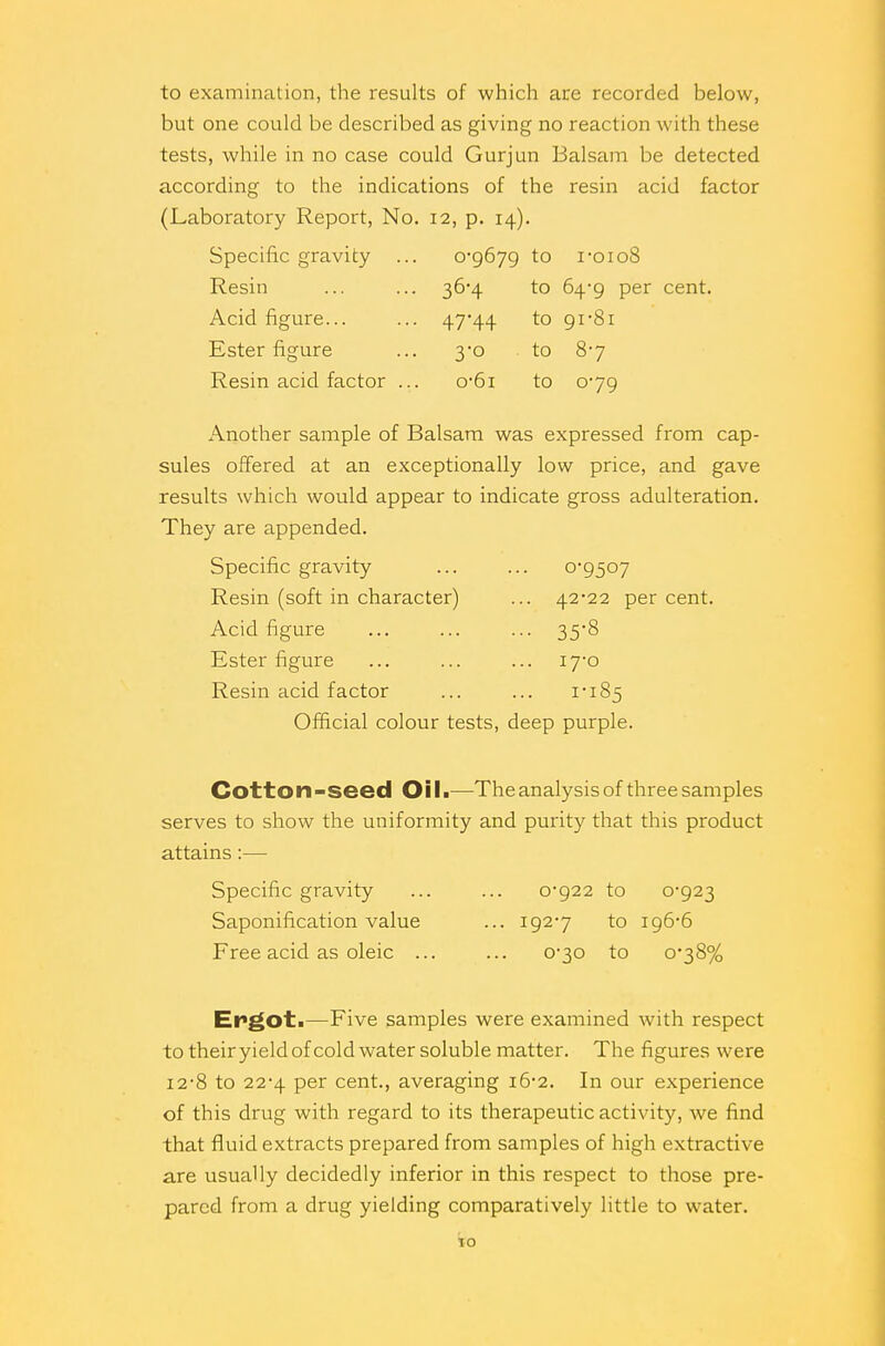 to examination, the results of which are recorded below, but one could be described as giving no reaction with these tests, while in no case could Gurjun Balsam be detected according to the indications of the resin acid factor (Laboratory Report, No. 12, p. 14). Specific gravity Resin Acid figure... Ester figure Resin acid factor 0-9679 to 1-0108 36*4 to 64*9 per cent. 47'44 to 91-81 3-0 to 8-7 o-6i to 0-79 Another sample of Balsam was expressed from cap- sules offered at an exceptionally low price, and gave results which would appear to indicate gross adulteration. They are appended. Specific gravity ... ... 0-9507 Resin (soft in character) ... 42-22 per cent. Acid figure ... ... ... 35-8 Ester figure ... ... ... 17-0 Resin acid factor ... ... i'i85 Official colour tests, deep purple. Cotton-seed Oil.—Theanalysisof three samples serves to show the uniformity and purity that this product attains :— Specific gravity ... ... 0-922 to 0-923 Saponification value ... 192-7 to 196-6 Free acid as oleic ... ... 0-30 to 0-38% Ergot.—Five samples were examined with respect to their yield of cold water soluble matter. The figures were 12-8 to 22-4 per cent, averaging 16-2. In our experience of this drug with regard to its therapeutic activity, we find that fluid extracts prepared from samples of high extractive are usually decidedly inferior in this respect to those pre- pared from a drug yielding comparatively little to water. to