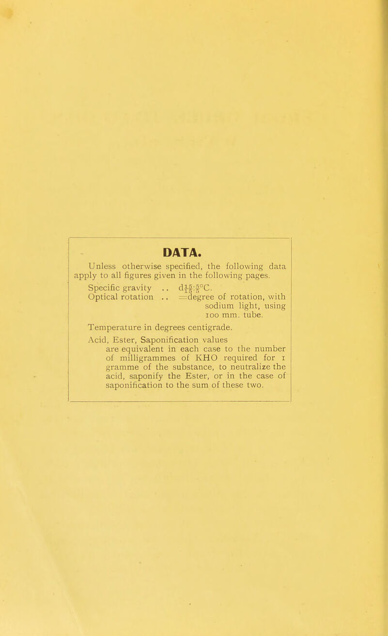 DATA. Unless otherwise specified, the following data apply to all figures given in the following pages. Specific gravity .. dJ£:§°C. Optical rotation .. ^degree of rotation, with sodium light, using ioo mm. tube. Temperature in degrees centigrade. Acid, Ester, Saponification values are equivalent in each case to the number of milligrammes of KHO required for i gramme of the substance, to neutralize the acid, saponify the Ester, or in the case of saponification to the sum of these two.