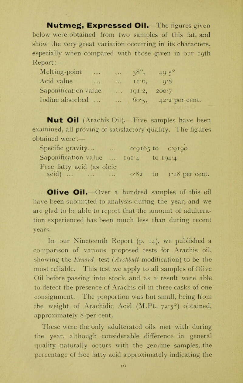 Nutmeg, Expressed Oil.—The figures given below were obtained from two samples of this fat, and show the \'ery great \'ariation occurring in its characters, especially when compared with those given in our 19th Report:— Melting-point ... ... 3cS, 49 5^ Acid value ... ... ii-6, 9-8 Saponification value ... igi'2, 200-7 Iodine absorbed ... ... 60*5, 42-2 per cent. Nut Oil (Arachis Oil).—Five samples have been examined, all proving of satisfactory quality. The figures obtained were:— Specific gravity... ... 0-9165 to 0-9190 Saponification value ... 191'4 to i94'4 Free fatty acid (as oleic acid) ... ... ... 0-82 to I-18 per cent. Olive OIL—Over a hundred samples of this oil have been submitted to analysis during the year, and we are glad to be able to report that the amount of adultera- tion experienced has been much less than during recent years. In our Nineteenth Report (p. 14), we published a coir.parison of xanous proposed tests for Arachis oil, showing the Renavd test {Avchhitt modification) to be the most reliable. Tliis test we apply to all samples of 01i\ e Oil before passing into stock, and as a result were able to detect the presence of Arachis oil in three casks of one consignment. The proportion was but small, being from the weight of Arachidic Acid (M.Pt. 72-5'^) obtained, approximately 8 per cent. These were the only adulterated oils met with during the year, although considerable difference in general (juality naturally occurs with the genuine samples, the percentage of free fatty acid approximately indicating the