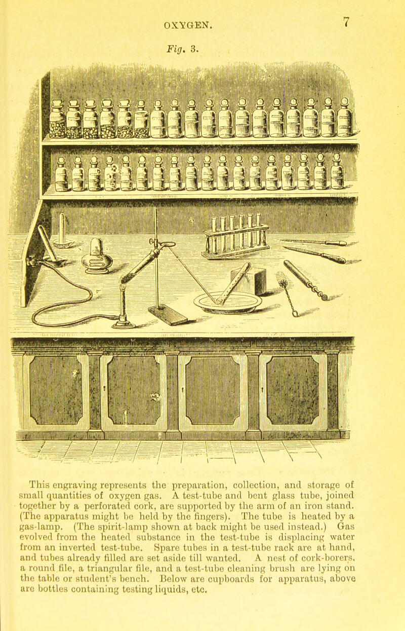 Fig. 3. Ill lllllHl i1' This engraving represents the preparation, collection, and storage of small quantities of oxygen gas. A test-tube and bent glass tube, joined together by a perforated cork, are supported by the arm of an iron stand. (The apparatus might be held by the fingers). The tube is heated by a gas-lamp. (The spirit-lamp shown at back might be used instead.) Gas evolved from the heated substance in the test-tube is displacing water from an inverted test-tube. Spare tubes in a test-tube rack are at hand, and tubes already filled are set aside till wanted. A nest of cork-borers, a round file, a triangular file, and a test-tube cleaning brush are lying on the table or student's bench. Below are cupboards for apparatus, above are bottles containing testing liquids, etc.