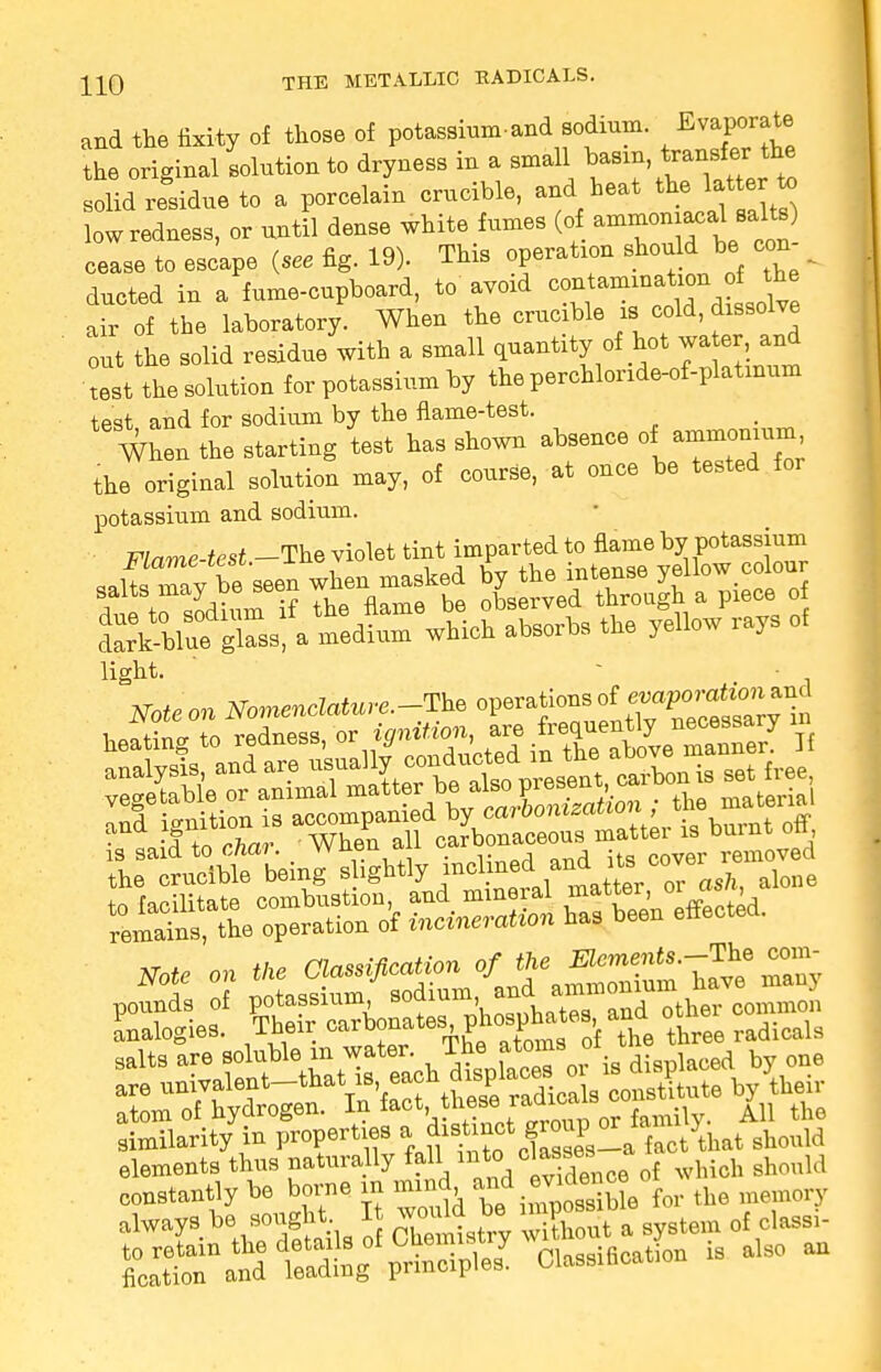 and the fixity of those of potassium-and sodium. Evaporate the original solution to dryness in a small basin, ^ansfer the solid residue to a porcelain crucible, and heat the Utter to low redness, or until dense white fumes (of ^™»™*} °^ cease to escape (see fig. 19). This operation should be con t ducted in a fume-cupboard, to avoid ^^^^ air of the laboratory. When the crucible is cold, dissolve out the solid residue with a small quantity of hot water, and It the solution for potassium by the perchloride-of-platmum test and for sodium by the flame-test. ^hen the starting Lt has shown absence of a—m the original solution may, ef course, at onee be tested for potassium and sodium. Mame-test -The violet tint imparted to flame by potassium Sk-bluf glass! a mediX which absorbs the yellow rays of light. ,. • , mean Nomenclatu.-e.-TU ^^g^Zyt and ignition is accompanied by carbonization ui<a • +n char When all carbonaceous matter is bumt on, is said, to cnai. vvubu» _ its cover removed the crucible being sightly }^^™*j£T°°* aSh, alone Note on the Classification of the Elements.-The com- pound S potassium^odium -^^i^^S analogies. Their carbonates, phosp^tes and othe^ salts are soluble m water. ^e a^8 0Ij diapiaced by one are univalent-that£ each J^.^^tute by Wr atom of hydrogen. In fact t^^e raQlc famil All the similarity in properties a dist met g™P ^ should elements thus naturally fall into «'asse9 f Moh should constantly be borne m mind, and ev dmoe o m always be sought I would be impo sibie ^ ^ fi^^tatgfp» Classen is also an