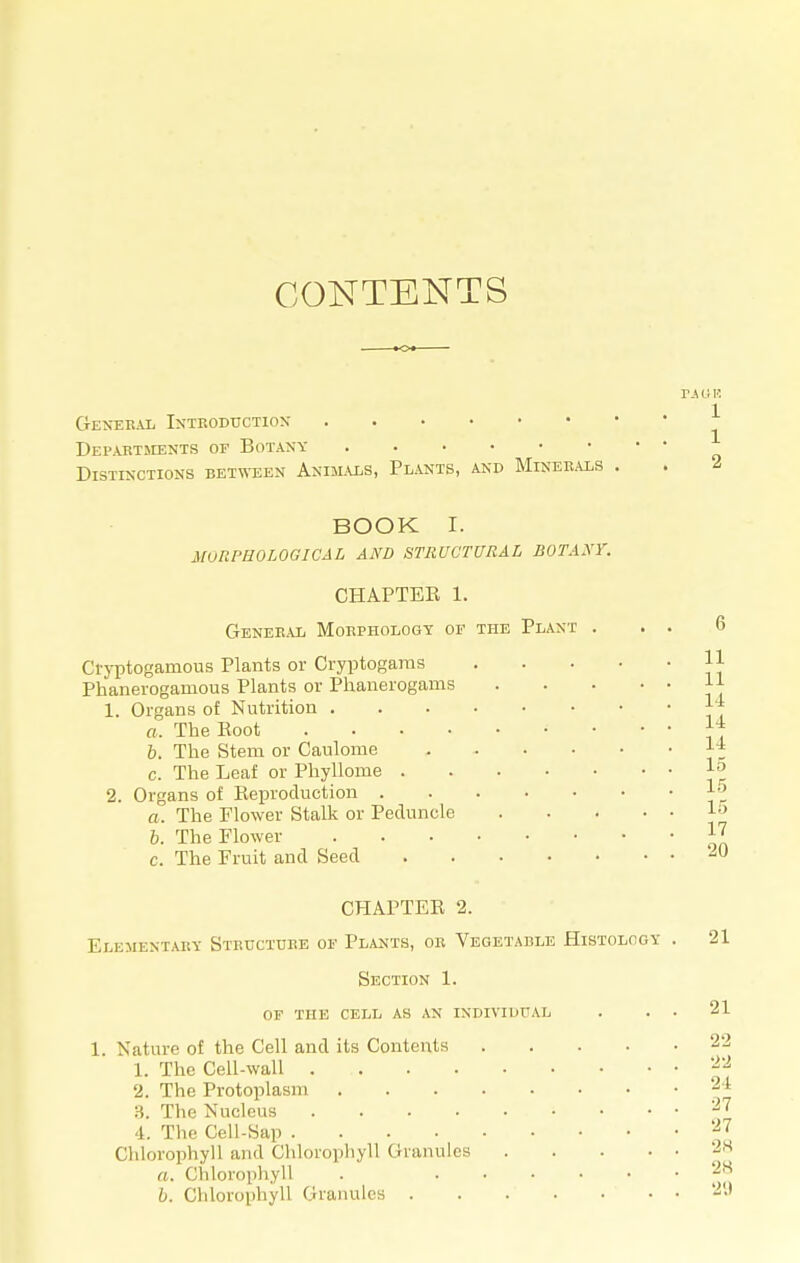 CONTENTS PAWK 1 1 General Introduction Departments of Botany Distinctions between Animals, Plants, and Minerals . BOOK I. MORPHOLOGICAL AND STRUCTURAL BOTANY. CHAPTER 1. General Morphology of the Plant Cryptogamous Plants or Cryptogams Phanerogamous Plants or Phanerogams 1. Organs of Nutrition . a. The Root .... b. The Stem or Caulome c. The Leaf or Phyllome . 2. Organs of Reproduction . a. The Flower Stalk or Peduncle b. The Flower c. The Fruit and Seed CHAPTER 2. Elementary Structure of Plants, or Vegetable Histology . 21 Section 1. of the cell as an individual 1. Nature of the Cell and its Contents 1. The Cell-wall .... 2. The Protoplasm 3. The Nucleus .... 4. The Cell-Sap .... Chlorophyll ami Chlorophyll Granules a. Chlorophyll b. Chlorophyll Granules . 22 •> -j ■J I 27 27 28 28 •i 9