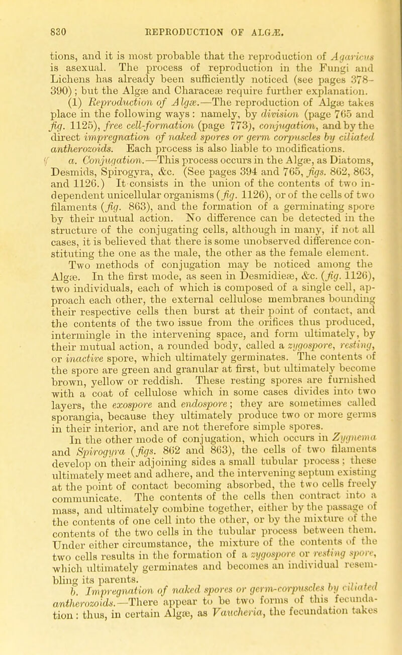 tions, and it is most probable that the reproduction of Agaricus is asexual. The process of reproduction in the Fungi and Lichens has already been sufficiently noticed (see pages 378- 390); but the Algae and Characese require further explanation. (1) Reproduction of Jlgse.—The reproduction of Alga} takes place in the following ways: namely, by division (page 765 and Jig. 1125), free cell-formation (page 773), conjugation, and by the direct impregnation of naked spores or germ corpuscles by ciliated anther-ozoids. Each process is also liable to modifications. a. Conjugation.—This process occurs in the Algae, as Diatoms, Desmids, Spirogyra, &c. (See pages 394 and 765, figs. 862, 863, and 1126.) It consists in the union of the contents of two in- dependent unicellular organisms (fig. 1126), or of the cells of two filaments (fig. 863), and the formation of a germinating spore by their mutual action. No difference can be detected in the structure of the conjugating cells, although in many, if not all cases, it is believed that there is some unobserved difference con- stituting the one as the male, the other as the female element. Two methods of conjugation may be noticed among the Alga?. In the first mode, as seen in Desmidiese, &c. (fig. 1126), two individuals, each of which is composed of a single cell, ap- proach each other, the external cellulose membranes bounding their respective cells then burst at their point of contact, and the contents of the two issue from the orifices thus produced, intermingle in the intervening space, and form ultimately, by their mutual action, a rounded body, called a zygospore, resting, or inactive spore, which ultimately germinates. The contents of the spore are green and granular at first, but ultimately become brown, yellow or reddish. These resting spores are furnished with a coat of cellulose which in some cases divides into two layers, the exospore and endospore; they are sometimes called sporangia, because they ultimately produce two or more germs in their interior, and are not therefore simple spores. In the other mode of conjugation, which occurs in Zygnema and Spirogyra (figs. 862 and 863), the cells of two filaments develop on their adjoining sides a small tubular process : these ultimately meet and adhere, and the intervening septum existing at the point of contact becoming absorbed, the two cells freely communicate. The contents of the cells then contract into a mass, and ultimately combine together, either by the passage i if the contents of one cell into the other, or by the mixture of the contents of the two cells in the tubular process between them. Under either circumstance, the mixture of the contents of the two cells results in the formation of a zygospore or resting spore, which ultimately germinates and becomes an individual resem- bling its parents. b. Impregnation of naked spores or gcrm-corpxisclcs by cwatea cmtherozoids.'—There appear to be two forms of this fecunda- tion : thus, in certain Alga), as Vauchena, the fecundation takes