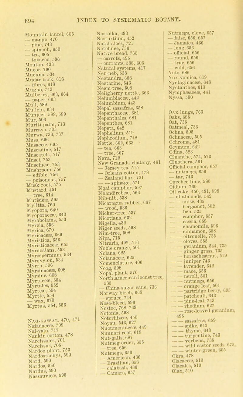 Mountain laurel, 005 — mango 470 — pine, 743 — spinach, 650 — tea, 605 — tobacco, 596 Montan, 433 Mncor, 790 Mucuna, 534 Mudar bark, 618 — fibres, 618 Mugho, 743 Mulberry, 663, 604 — paper, 663 Mull, 589 Mullein, 634 Munjeet, 588, 589 Mur, 506 Muriti palm, 713 Murraya, 503 Murwa, 73G, 737 Musa, 696 Musacese, 695 Muscadine, 517 Muscatels, 517 Musci, 753 Muscinefe, 753 Mushroom, 756 — edible, 756 — poisonous, 757 Musk root, 575 Mustard, 451 — tree, 614 Mutisiese, 595 Mylitta, 760 Myopora, 640 Myoporacefe, 640 Myrabolams, 553 Myrcia, 556 Myrica, 670 Myricacese, 609 Myristica, 656 Myristicacese, 655 Myrobalans, 553 Myrospermum, 534 Myroxylon, 534 Myrrh, 506 Myrsinacese, 608 Myrsine, 608 Myrtacese, 554 Myrtales, 552 MyrteiE, 554 Myrtle, 554 — wax, 670 Myrtus, 554, 556 NAG-KASSAn. 470, 471 Naiadacere, 709 Nai-yalu, 717 Nankin cotton. 478 Narcissales, 701 Narcissus, 705 Nardoo plant, 753 Nardostaehys, 690 Nan), 590 Nardoa, 590 Nardus, 590 Nassauvieiv, b95 Nastoika, 693 Nasturtium, 452 Natal aloes, 721 Natchnee, 736 Native bread, 700 — carrots, 495 — currants, 588, 606 Natural systems, 117 Neb-neb, 538 Neetandra, 658 Nectarine, 543 Neem-tree, 508 Neilgherry nettle, 003 Nelumbiacea;, 442 Nelurabium, 443 Nepal sassafras, 658 Nepenthaceae, 681 Nepenthales, 681 Nepenthes, 681 Nepeta, 642 Nephelium, 519 Nephrodium, 748 Nettle, 602, 663 ■ — tea, 663 — tree, 667 Neva, 712 New Granada rhatany, 461 — Jersey tea, 515 — Orleans cotton, 478 — Zealand flax, 721 spina ge, 571 Ngai camphor, 597 Nhandirobeie, 566 Nib-nib, 538 Nicaragua rubber, 007 — wood, 530 Nicker-tree, 537 Nicotiana, 632 Nigella, 432 Niger seeds, 598 Nim-tree, 508 Nipa, 715 Nitraria, 492, 51G Noble orange, 501 Nolana, 025 Nolanacere, 625 Nomenclature, 406 Noog, 598 Nopal plant, 570 North American locust tree, 535 — China sugar cane, 736 Norway birch, 668 — spruce, 744 Nose-bleed, 596 Nostoc, 768, 769 Notonia, 598 Notorhizesa, 450 Noyau, 543, 027 Nttcumentaoese, 449 Nunnari root, 018 Nut-galls, 687 Nutmeg order, 055 tree, 656 Nutmegs, 656 — American, 436 — Brazilian, 658 — calabash, 130 I — Camara, 057 Nutmegs, clove, 057 — false, 656, 657 — Jamaica, 436 — long, 656 — official, 656 — round, 656 — true, 656 — wild, 656 Nuts, 686 Nux-vomica, 619 Nyctaginaceae, 618 Nyctanthcs, 613 NymphfEacese, 441 Nyssa, 580 Oak lungs, 703 Oaks, 685 Oat, 735 Oatmeal, 736 Ochna, 505 Ochnaceas, 505 Ochroma, 481 Ocymum, 642 Od'ina, 523 ffinanthe, 574, 576 Oenothera, 561 Official camphor, 057 — nutmegs, 056 — tar, 743 Ogechee lime, 580 Oidium, 760 Oil cake, 450, 491. 598 — of almonds, 542 anise, 435 bergamot, 502 beu, 525 camphor, 657 cassia, 658 chamomile, 596 cinnamon, 658 citrouelle, 735 cloves, 555 geranium, 544. 735 ginger grass. 735 horsechestnut, 519 juniper 743 lavender, G42 mace, 656 neroli, 501 nutmegs, 656 orange leaf, 601 partridge berry, 605 patchouli, 643 pine-leaf, 743 rhodium, 627 rose-leaved geranium, 495 sassafras, 659 spike, 642 thyme, 643 turpentine. 713 verbena, 736 wild castor seeds. 675. winter green, 605 Okra. 478 Olacncen;, 510 Olncales, 510 Olax, 510