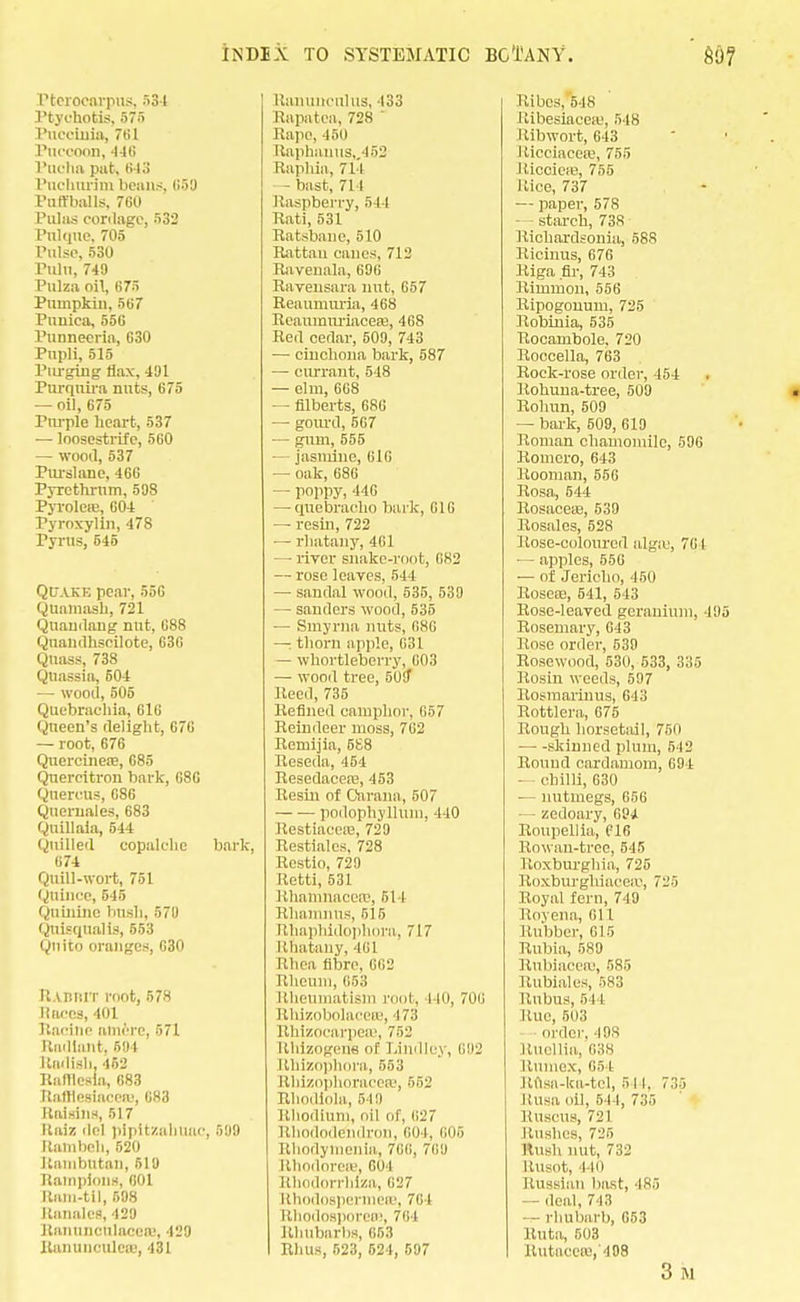 Pfcerocarpus, 534 Ptyehotis. 575 Vueciuiu, 7til Pncooon, 446 Pnoha pat, 643 Pnohrtrim beans. 650 VnrV'balls, 760 Pnlas cordage, 532 PiUqne, 705 Pulse, 530 ruin, 740 Pulza oil, 675 Pumpkin, 567 Puniea, 556 Punnecria, 630 Pupli, 515 Purging flax, 491 Purqnira nuts, 675 — oil, 675 Tm-ple heart, 537 — loosestrife, 560 — wood, 537 Purslane, 466 Pyrcthrnm, 508 Pyroleie, 604 Pyroxylin, 478 Tyrus, 545 Quake pear, 556 Quainash, 721 Qnandang nut, 688 Qnalulhsciloto, 630 Qtiass, 738 Quassia, 504 — wood, 505 Quebrachia, 616 Queen's delight, 676 — root, 676 Quercineoe, 685 Quercitron bark, 686 Querelas, 686 Quernales, 683 Quillaia, 544 Quilled copalchc bark, 074 Quill-wort, 751 Quince, 545 Quinine bush, 570 Qnisqualis, 653 Quito oranges, 630 U.vnniT root, 578 Races, 401 Raeiiie alncTe, 571 Radiant, 504 Radish. 452 Ralllcsia, 683 Itafflesiaceie, 683 Raisins, 517 Raiz del pipitzaliuue, 500 Rambch, 520 Raiubutali, 510 Rampions, 601 Ram-til, 508 Ranalcs, 420 Ranunculacea!, 429 Ranunculca.', 431 Ranunculus, 133 Rapatoa, 728  Rape, 450 Raphanus,,452 Raphia, 7li - bast, 711 Raspberry, 544 Rati, 531 Ratsbane, 510 Rattan canes, 712 Ravenala, 696 Ravensara nut, 657 Reaumuria, 468 Reauimiriaceae, 468 Red cedar, 509, 743 — cinchona bark, 587 — currant, 548 — elm, 668 — filberts, 686 — gourd, 567 — gum, 555 jasmine, 616 — oak, 686 — poppy. 'W6 — quebracho bark, 616 — resin, 722 — rhatany, 461 — river snake-root, 0K2 — rose leaves, 544 — sandal wood, 535, 539 — Sanders wood, 535 — Smyrna nuts, 886 — thorn apple, 631 — whortleberry, 603 — wood tree, 509* Reed, 735 Refined camphor, 057 Reindeer moss, 702 Remijia, 588 Reseda, 454 Resedacene, 453 Resin of Carana, 507 podophyllum, 440 Restiaoeffl, 729 Restialcs, 728 Restio, 729 Retti, 531 Rhanmacea?, 614 Rhamnus, 515 Rhaphidophora, 717 Rhatany, 401 Rhea fibre, 002 Rheum, 053 Rheumatism rooi. I Hi. 700 RhizobolaeeEB, I<•'; Rhizoearpea3, 752 Rhlzogens of Lindloj, 602 Rhfzophora, 553 Rhizophoraceee, 552 Rhodiola, rim Rhodium, <>il of, 627 Rhododendron, 604, 605 Rhodymenia, 766, 709 Rhodorere, 601 Rhodorrhlza, 627 Rhodospermea?, 764 Rhodosporete, 761 Rhubarbs, or,:! RhUS, 523, 524, 597 Ribes, 548 Ribesiaceaj, 548 Ribwort, 643 Uicciaceaj, 755 Hicciea;, 755 Rice, 737 — paper, 57S starch, 73S Riohardsonia, 588 Ricinus, 676 Riga fir, 743 Rimmon, 556 Ripogonum, 725 Robinia, 535 Rocambole, 720 Roccella, 763 Rock-rose order, 454 Rohuna-tree, 500 Rolmn, 500 — bark, 509, 610 Roman chamomile, 500 Romero, 043 Rooman, 556 Rosa, 544 Rosaceae, 530 Rosales, 528 Rose-coloured algaj, 701 — - apples, 556 — of Jericho, 450 Rosea), 541, 543 Rose-leaved geranium, 405 Rosemary, 643 Rose order, 530 Rosewood, 530, 533, 335 Rosin weeds, 507 Rosmarinus, 643 Rottlera, 075 Rough horsetail, 750 —■ -skinned plum, 542 Round cardamom, 094 — chilli, 630 — nutmegs, 050 — zedoary, 094. Roupellia, 616 Rowan-tree, 545 Roxburghia, 725 Roxburghiuceie, 7L'> Royal fern, 749 Royena, 611 Rubber, 015 Rubia, 580 Rubiaceaj, 585 Rubiales, 583 Rubus, 544 Kite, 503 order, 408 Ruellia, 638 Rumex, 051 Rusa-ka-tcl, 511. Rusa oil, 544, 735 Rusous, 721 Rushes, 725 Rush nut, 732 Rusot, l hi Russian bast, 485 — deal, 743 — rhubarb, 653 Ruta, 503 Rutaccie,'408 3 M