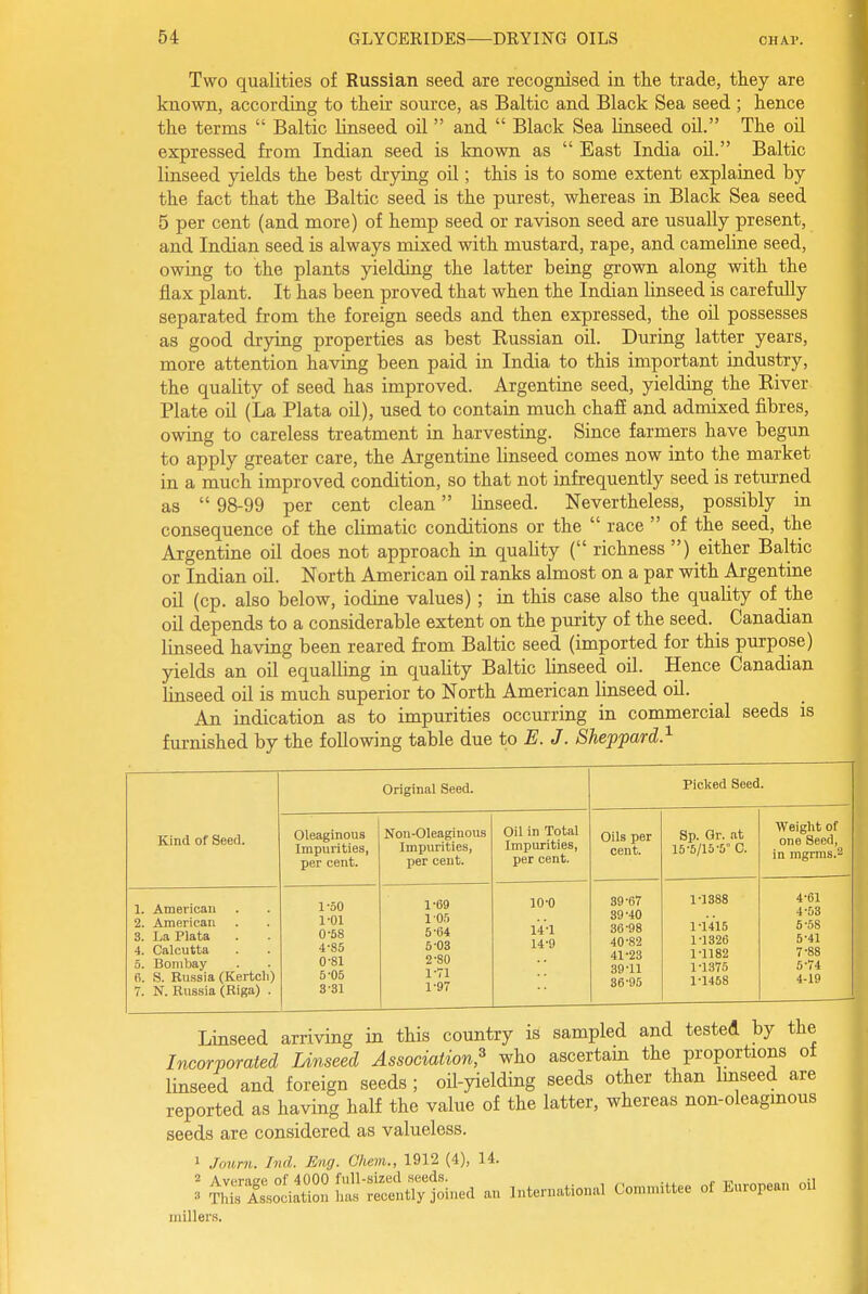 Two qualities of Russian seed are recognised in the trade, they are known, according to their source, as Baltic and Black Sea seed ; hence the terms  Baltic linseed oil  and  Black Sea linseed oil. The oil expressed from Indian seed is known as  Bast India oU. Baltic linseed yields the best drying oU ; this is to some extent explained by the fact that the Baltic seed is the purest, whereas in Black Sea seed 5 per cent (and more) of hemp seed or ravison seed are usually present, and Indian seed is always mixed with mustard, rape, and cameline seed, owing to the plants yielding the latter being grown along with the flax plant. It has been proved that when the Indian linseed is carefully separated from the foreign seeds and then expressed, the oil possesses as good drying properties as best Kussian oil. During latter years, more attention having been paid in India to this important industry, the quality of seed has improved. Argentine seed, yielding the River Plate oil (La Plata oil), used to contain much chafi and admixed fibres, owing to careless treatment in harvesting. Since farmers have begun to apply greater care, the Argentine linseed comes now into the market in a much improved condition, so that not infrequently seed is retm-ned as  98-99 per cent clean linseed. Nevertheless, possibly in consequence of the climatic conditions or the  race  of the seed, the Argentine oil does not approach in quality ( richness ) either Baltic or Indian oil. North American oil ranks almost on a par with Argentine oil (cp. also below, iodine values) ; in this case also the quality of the oil depends to a considerable extent on the purity of the seed. Canadian linseed having been reared from Baltic seed (imported for this purpose) yields an oil equalling in quality Baltic linseed oil. Hence Canadian Unseed oU is much superior to North American linseed oU. An indication as to impurities occurring in commercial seeds is furnished by the foUowing table due to E. J. Sheppard.^ Kind of Seed. Original Seed. Picked Seed. Oleaginous Impurities, per cent. Non-Oleaginous Impurities, per ceut. Oil in Total Impurities, per cent. Oils per cent. Sp. Or. at 16-5/15-5° C. Weight of one Seed, in mgrms. 1. American 2. American 3. La Plata 4. Calcutta 5. Bombay fi. S. Russia (Kertcli) 7. N. Russia (Riga) . 1-50 1-01 0-58 4- 85 0-81 5- 05 3-31 1- 69 105 5-64 5-03 2- 80 1-71 1-97 10-0 141 14-9 39'67 39- 40 36-98 40- 82 41- 23 39-11 36-95 1-1388 1-1416 1-1326 1-1182 1-1375 1-1468 4-61 4- 53 5- 58 5-41 7-88 5-74 4-19 Linseed arriving in this country is sampled and tested by the Incorporated Linseed Association,^ who ascertam the proportions ot linseed and foreign seeds ; oil-yielding seeds other than linseed are reported as having half the value of the latter, whereas non-oleagmous seeds are considered as valueless. 1 Journ. Ind. Eng. Gliem., 1912 (4), 14. I !::^-rS:;SrSued a„ international Co.n.ttee of European oil millers.