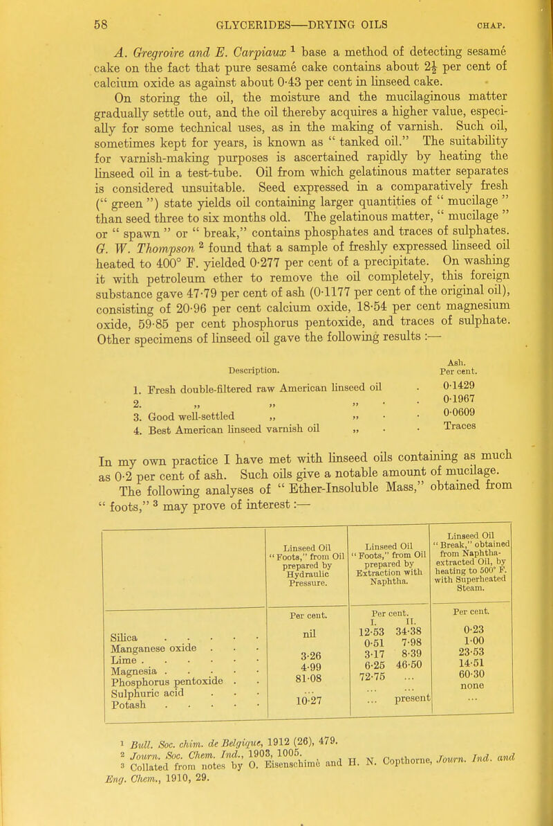 A. Gregroire and E. Carpiaux ^ base a method of detecting sesame cake on the fact that piire sesame cake contains about 2^ per cent of calcium oxide as against about 043 per cent in linseed cake. On storing the oil, the moisture and the mucilaginous matter gradually settle out, and the oil thereby acquires a higher value, especi- ally for some technical uses, as in the making of varnish. Such oil, sometimes kept for years, is known as  tanked oil. The smtability for varnish-making purposes is ascertained rapidly by heating the linseed oil in a test-tube. Oil from which gelatinous matter separates is considered unsuitable. Seed expressed in a comparatively fresh ( green ) state yields oil containing larger quantities of  mucilage  than seed three to six months old. The gelatinous matter,  mucilage  or  spawn  or  break, contains phosphates and traces of sulphates. G. W. Thompson ^ found that a sample of freshly expressed linseed oil heated to 400° F. yielded 0-277 per cent of a precipitate. On washing it with petroleum ether to remove the oil completely, this foreign substance gave 47-79 per cent of ash (0-1177 per cent of the original oil), consisting of 20-96 per cent calcium oxide, 18-54 per cent magnesium oxide, 59-85 per cent phosphorus pentoxide, and traces of sulphate. Other specimens of linseed oil gave the following results :— Description. 1. Fresh double-filtered raw American linseed oil 2.   3. Good well-settled „ » 4. Best American linseed varnish oil „ Asli. Per cent. 0-1429 0-1967 0-0609 Traces In my own practice I have met with linseed oils contaimng as much as 0-2 per cent of ash. Such oils give a notable amount of mucilage. The following analyses of  Ether-Insoluble Mass, obtamed from  foots, ^ may prove of interest:— Linseed Oil  Foots, from Oil prepared by Hydraulic Pressure. Linseed Oil  Foots, from Oil prepared by Extraction witli Naphtlia. Linseed Oil  Brealc, obtained from Naphtlia- extracted Oil, by heating to 500° F. witli Superheated Steam. Manganese oxide Phosphorus pentoxide . Sulphuric acid Per cent. nU 3- 26 4- 99 81-08 10-27 Per cent. I. II. 12-53 34-38 0-51 7-98 3-17 8-39 6-25 46-50 72-75 ... present Per cent. 0- 23 1- 00 23-53 14-51 60-30 none 1 Bull. Soc. chim. de Belgique, 1912 (26), 479. 2 Journ. Sue. Chem. hid., 1903, 1005 , „ N Ponthorne Journ. hid. and 3 Collated from notes by 0. Ei8en.schime and H. N. Copthorne, Journ. Eng. Chem., 1910, 29.