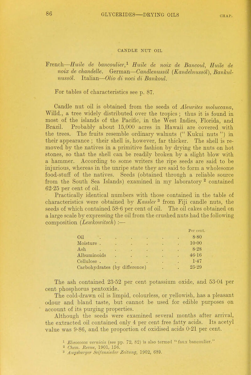 CHAP. CANDLE NUT OIL French—Huile de hancoulier,^ Huile de noix de Bancoul, Huile de noix de chandelle. German—Candlenussdl {Kandelnussdl), Banhul- nussol. Italian—Olio di nod di Bankoid. For tables of characteristics see p. 87. Candle nut oil is obtained from the seeds of Aleurites moluccana, Wnid., a tree widely distributed over the tropics ; thus it is found in most of the islands of the Pacific, in the West Indies, Florida, and Brazil. Probably about 15,000 acres in Hawaii are covered with the trees. The fruits resemble ordinary walnuts ( Kukui nuts ) in their appearance ; their shell is, however, far thicker. The shell is re- moved by the natives in a primitive fashion by drying the nuts on hot stones, so that the shell can be readily broken by a slight blow with a hammer. According to some writers the ripe seeds are said to be injurious, whereas in the unripe state they are said to form a wholesome food-stufi of the natives. Seeds (obtained through a reliable source from the South Sea Islands) examined in my laboratory ^ contained 62-25 per cent of oil. Practically identical numbers with those contained in the table of characteristics were obtained by Kassler ^ from Fiji candle nuts, the seeds of which contained 58-6 per cent of oil. The oil cakes obtained on a large scale by expressing the oil fi'om the crushed nuts had the following composition (Leivkowitsch) :— Per CHiit. OU • 8-80 Moisture 10-00 Ash 8-28 Albuminoids . . . . .46-16 CeUulose 1-47 Carbohydrates (by diEEerence) . . 25-29 The ash contained 23-52 per cent potassium oxide, and 53-04 per cent phosphorus pentoxide. The cold-drawn oil is Hmpid, colourless, or yellowish, has a pleasant odour and bland taste, but cannot be used for edible purposes on account of its purging properties. Although the seeds were examined several months after arrival, the extracted oil contained only 4 per cent free fatty acids. Its acetyl value was 9-86, and the proportion of oxidised acids 0-21 per cent. ' Mieoeocca vernicia (see pp. 72, 8-2) is also termed fiui.v haiicoulier. 2 Che7}i. Revue, 1901, 156.  Augsburgcr Seifcnsieder Zeikmg, 1902, 689.