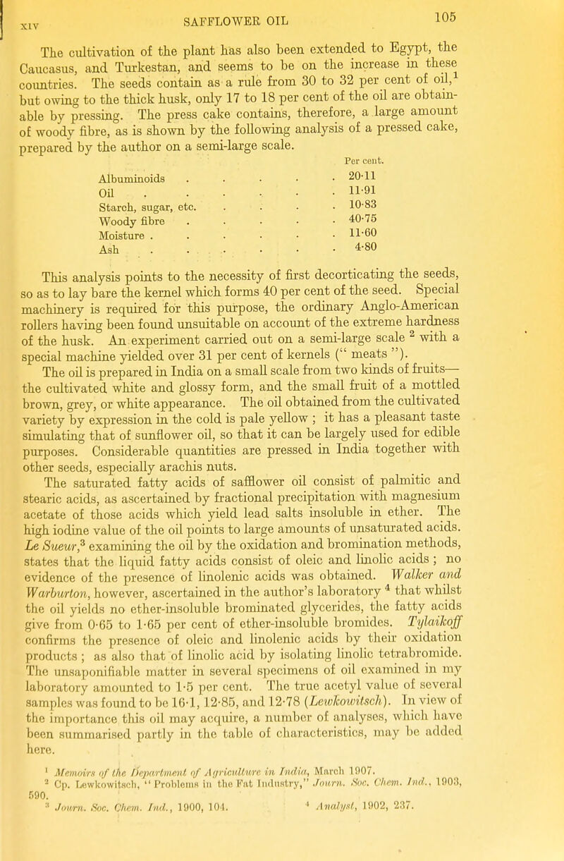 The cultivation of the plant has also been extended to Egypt, the Caucasus, and Tui-kestan, and seems to be on the increase in these countries. The seeds contain as a rule from 30 to 32 per cent of oil, but owing to the thick husk, only 17 to 18 per cent of the oH are obtam- able by pressing. The press cake contains, therefore, a large amount of woody fibre, as is shown by the following analysis of a pressed cake, prepared by the author on a semi-large scale. Per ceut. Albuminoids . ■ • .20-11 Oil Starch, sugar, etc. Woody fibre Moisture . Ash 11-91 10- 83 40-75 11- 60 4-80 This analysis points to the necessity of first decorticating the seeds, so as to lay bare the kernel which forms 40 per cent of the seed. Special machinery is required for this purpose, the ordinary Anglo-American rollers having been found unsuitable on account of the extreme hardness of the husk. An experiment carried out on a semi-large scale ^ with a special machine yielded over 31 per cent of kernels ( meats ). The oil is prepared in India on a small scale fr-om two kinds of fruits— the cultivated white and glossy form, and the small fr'uit of a mottled brown, grey, or white appearance. The oil obtained fr'om the cultivated variety by expression in the cold is pale yellow ; it has a pleasant taste simulating that of sunflower oil, so that it can be largely used for edible purposes. Considerable quantities are pressed in India together with other seeds, especially arachis nuts. The saturated fatty acids of safflower oil consist of palmitic and stearic acids, as ascertained by fractional precipitation with magnesium acetate of those acids which yield lead salts insoluble in ether. The high iodine value of the oil points to large amounts of unsaturated acids. Le Sueur,^ examining the oil by the oxidation and bromination methods, states that the liquid fatty acids consist of oleic and linolic acids; no evidence of the presence of linolenic acids was obtained. Walker and Warburton, however, ascertained in the author's laboratory ^ that whilst the oil yields no ether-insoluble brominated glycerides, the fatty acids give from 0-65 to 1-65 per cent of ether-insoluble bromides. Tylaikoff confirms the presence of oleic and linolenic acids by their oxidation products ; as also that of linolic acid by isolating linolic tetrabromide. The unsaponifiable matter in several specimens of oil examined in my laboratory amounted to 1-5 per cent. The true acetyl value of several samples was found to be 16-1,12-85, and 12-78 {LewJcowitsch). In view of the importance this oil may acquire, a number of analyses, which have been summarised partly in the table of characteristics, may be added here. 590. Memoirs of i/ie jiepartment of Agriculture in India, March 1907. 2 Cp. Lowkowitsch,  Problenis in the Fat Iiirlnstry, Jonrn. Soc. Chcm. Ivd.. 1903, Jonm. Sac. Ohc.m. fniL, 1900, 104. •' Analyst, 1902, 237.