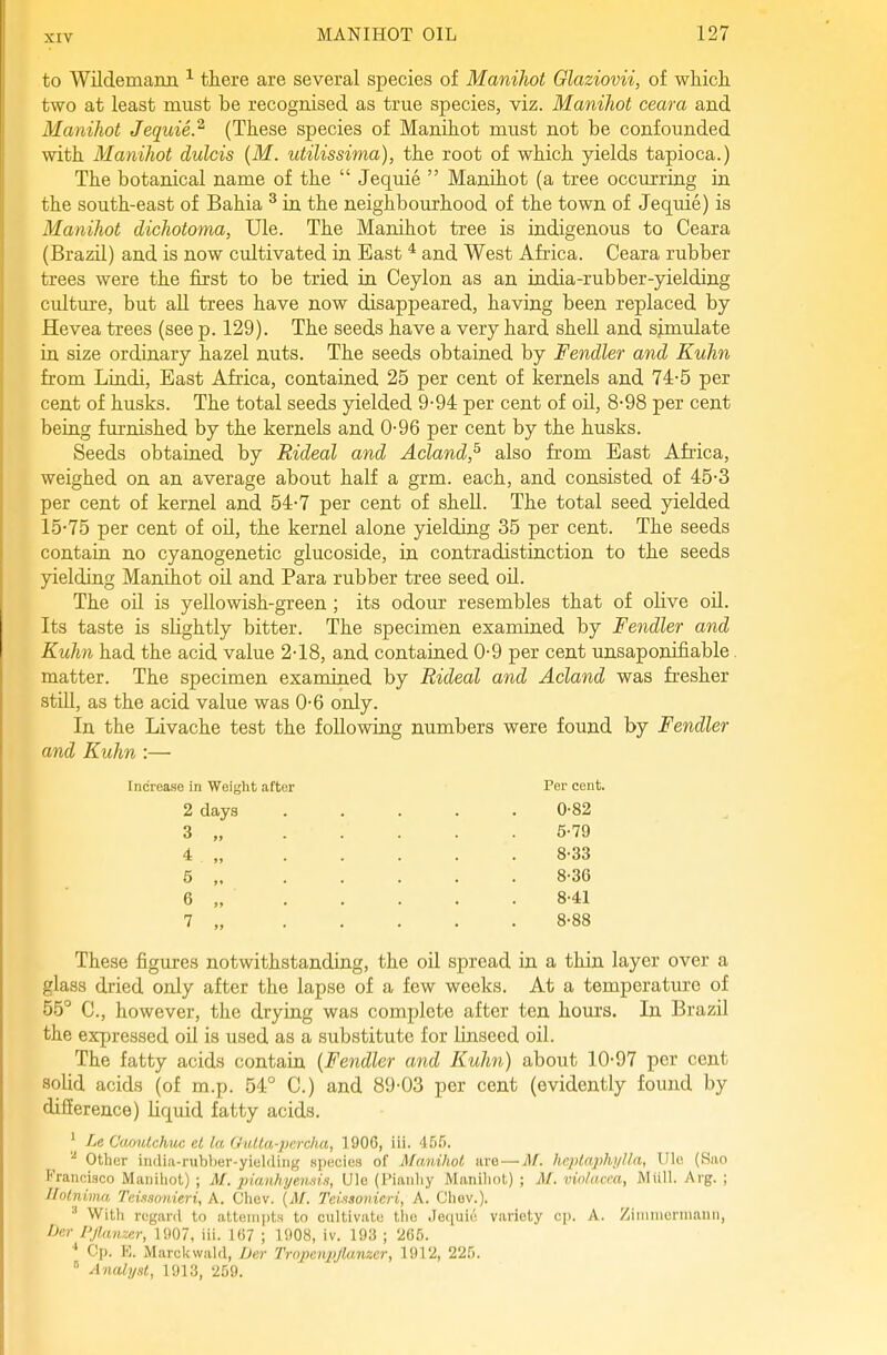 to Wildemaim there are several species of Manihot Glaziovii, of which two at least must be recognised as true species, viz. Manihot ceara and Manihot Jequie? (These species of Manihot must not be confounded with Manihot dulcis {M. utilissima), the root of which yields tapioca.) The botanical name of the  Jequie  Manihot (a tree occurring in the south-east of Bahia ^ in the neighbourhood of the town of Jequie) is Manihot dichotoma, Ule. The Manihot tree is indigenous to Ceara (Brazil) and is now cultivated in East * and West Africa. Ceara rubber trees were the first to be tried in Ceylon as an india-rubber-yielding culture, but all trees have now disappeared, having been replaced by Hevea trees (see p. 129). The seeds have a very hard shell and simulate in size ordinary hazel nuts. The seeds obtained by Fendler and Kuhn from Liadi, East Africa, contained 25 per cent of kernels and 74-5 per cent of husks. The total seeds yielded 9-94: per cent of oil, 8-98 per cent being fm-nished by the kernels and 0-96 per cent by the husks. Seeds obtained by Rideal and Acland,^ also from East Africa, weighed on an average about half a grm. each, and consisted of 45-3 per cent of kernel and 54-7 per cent of shell. The total seed yielded 15-75 per cent of oU, the kernel alone yielding 35 per cent. The seeds contain no cyanogenetic glucoside, in contradistinction to the seeds yielding Manihot oil and Para rubber tree seed oil. The oil is yellowish-green; its odour resembles that of olive oU. Its taste is slightly bitter. The specimen examined by Fendler and Kuhn had the acid value 2-18, and contained 0-9 per cent unsaponifiable. matter. The specimen examined by Rideal and Acland was fresher still, as the acid value was 0-6 only. In the Livache test the following numbers were found by Fendler and Kuhn :— These figures notwithstanding, the oil spread in a thin layer over a glass dried only after the lapse of a few weeks. At a temperature of 55° C, however, the drying was complete after ten hours. In Brazil the expressed oil is used as a substitute for linseed oil. The fatty acids contain {Fendler and Kuhn) about 10-97 per cent solid acids (of m.p. 54° C.) and 89-03 per cent (evidently found by difference) liquid fatty acids. ' Le CaoutchuG el la Oulta-pcrcha, 1906, iii. 456. Other iiirlia-rubber-yielding species of Manihot, ure—M. hcplaphi/Ua, Ule (8ao Franci.sco Manihot) ; M. pianhyemis, Ulo (Piaiihy Maniliot) ; M. violacca, Miill. Arg. ; Ihlni.ma Teiasonieri, A. Chov. (;!/. Teissonieri, A. Cliov.). Witli regard to attem|)t,s to cultivate tlic Jequie variety cj). A. ZiMinierniaini, IJer Pjlnmxr, 1907, iii. 167 ; 1908, iv. 193 ; '265. Cp. E. MarcUwald, iMr Trnpcnj'Jlanzcr, 1912, 225.  Analyst, 1913, 259. Increase in Weight after 2 days 3 „ Per cent. 5 6 7 0-82 5-79 8-33 8-36 8-41 8-88