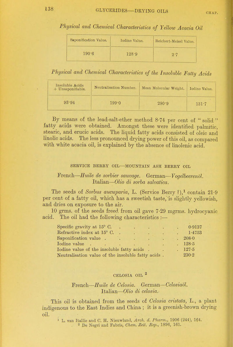 Physical and Chemical Characteristics of Yellow Acacia Oil Saponification Value. Iodine Value. Reichert-Meissl Value. 190-6 128-9 2-7 Physical and Chemical Characteristics of the Insoluble Fatty Acids In.soluble Acids + Unsaponifiable. Neutralisation Number. Mean Molecular Weight. Iodine Value. 93-94 199-0 280-9 131-7 By means of the lead-salt-ether method 8-74 per cent of  solid  fatty acids were obtained. Amongst these were identified palmitic, stearic, and erucic acids. The liquid fatty acids consisted of oleic and linolic acids. The less pronounced drying power of this oil, as compared with white acacia oil, is explained by the absence of linolenic acid. SERVICE BERRY OIL—MOUNTAIN ASH BEERY OIL French—Huile de sorbier sauvage. German—Vogelbeerendl. Italian—Olio di sorba salvatica. The seeds of Sorbus aucuparia, L. (Service Berry contain 21-9 per cent of a fatty oil, which has a sweetish taste, is slightly yellowish, and dries on exposure to the air. 10 grms. of the seeds freed from oU gave 7-29 mgrms. hydrocyanic acid. The oil had the following characteristics :— Specific gravity at 15° C. . . . . . 0-9137 Refractive index at 15° C. . . . . . 1-4753 Saponification value ...... 208-0 Iodine value ....... 128-5 Iodine value of the insoluble fatty acids . . . 127-5 Neutralisation value of the insoluble fatty acids . 230-2 CELOSIA OIL ^ French—Huile de Celosia. German—Celosiaol. Italian—Olio di celosia. This oil is obtained from the seeds of Celosia cristata, L., a plant indigenous to the East Indies and China ; it is a greenish-brown drying oU. 1 L. van Itallie and C. H. Nieuwlaiid, Arch. d. Pharm., 1906 (244), 164.