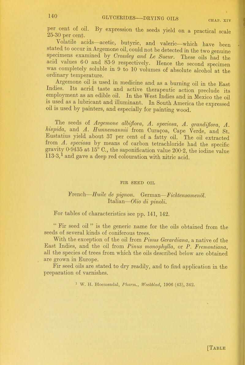 GLYCERIDES DRYING OILS chap, xiv per cent of oil. By expression the seeds yield on a practical scale .^5-30 per cent. Volatile acids—acetic, butyric, and valeric—which have been stated to occur in Argemone oU, could not be detected in the two genuine specimens examined by Crossley and Le Sueur. These oils had the acid values 6-0 and 83-9 respectively. Hence the second specimen was completely soluble in 9 to 10 volumes of absolute alcohol at the ordinary temperature. Argemone oil is used in medicine and as a burning oil in the East Indies. Its acrid taste and active therapeutic action preclude its employment as an edible oil. In the West Indies and in Mexico the oU is used as a lubricant and illuminant. In South America the expressed oil is used by painters, and especially for painting wood. The seeds of Argemone albiflora, A. speciosa, A. grandiflora, A. Mspida, and A. Hunnemannii from Curafoa, Cape Verde, and St. Eustatius yield about 37 per cent of a fatty oil. The oil extracted from A. speciosa by means of carbon tetrachloride had the specific gravity 0-9435 at 15° C, the saponification value 200-2, the iodine value 113-3,^ and gave a deep red colom-ation with nitric acid. FIR SEED OIL French—Huile de pignon. German—Fichtensamenol. Italian—Olio di pinoli. For tables of characteristics see pp. 141, 142.  Fir seed oil is the generic name for the oils obtained from the seeds of several kinds of coniferous trees. With the exception of the oil from Pinus Gerardiana, a native of the Bast Indies, and the oU from Pinus monophylla, or P. Fremontiana, all the species of trees from which the oils described below are obtained are grown in Europe. Fir seed oUs are stated to dry readily, and to find application in the preparation of varnishes. 1 W. H. Bloemendal, Pharvi., Weekblad, 1906 (43), 342.