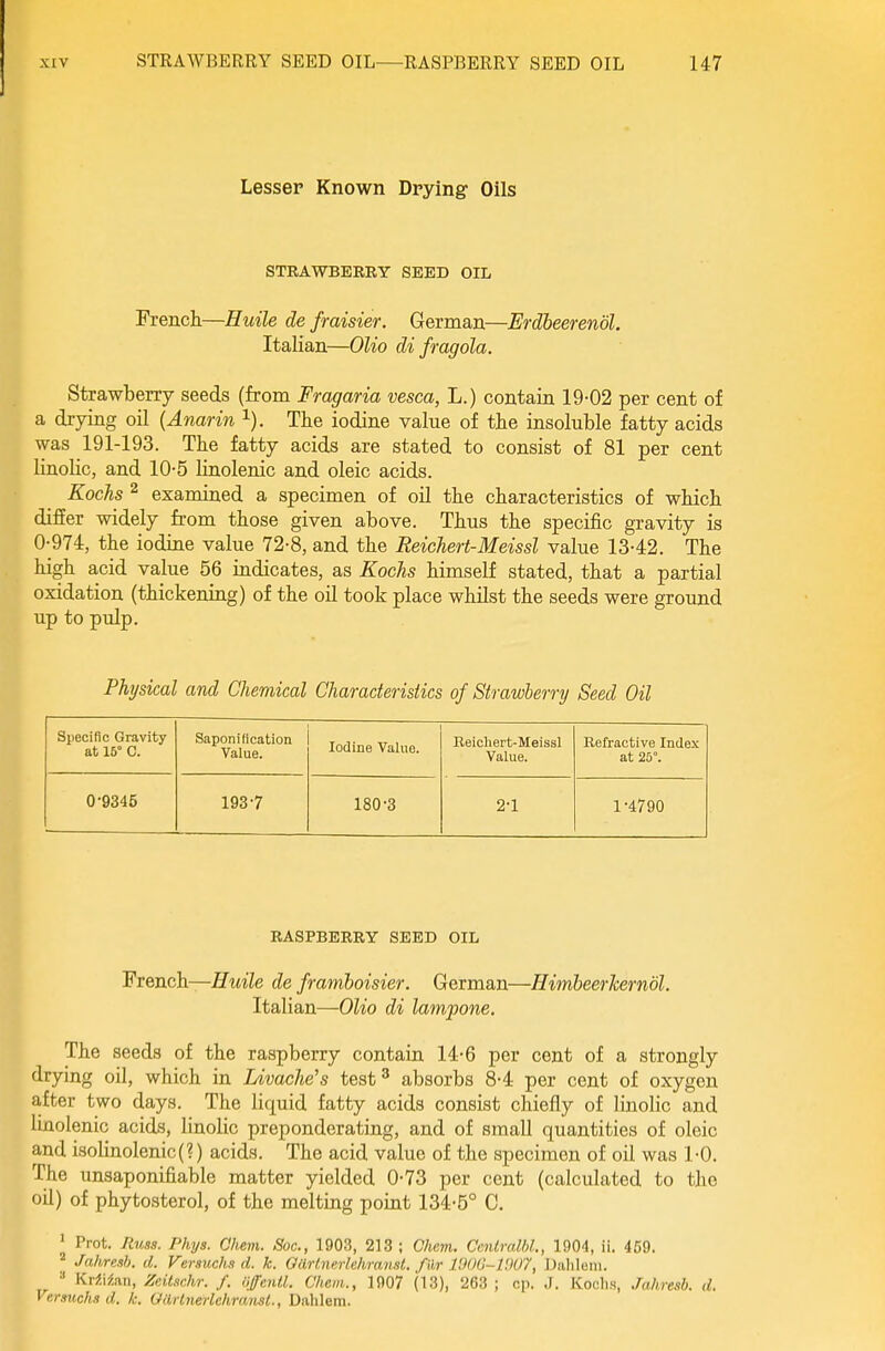 Lesser Known Drying- Oils STRAWBERRY SEED OIL Frencli—Huile de fraisier. German—Erdbeerenol. Italian—Olio di fragola. Strawberry seeds (from Fragaria vesca, L.) contain 19-02 per cent of a drying oil {Anarin i). The iodine value of the insoluble fatty acids was 191-193. The fatty acids are stated to consist of 81 per cent linolic, and 10-5 linolenic and oleic acids. Kochs 2 examined a specimen of oil the characteristics of which differ widely from those given above. Thus the specific gravity is 0-974, the iodine value 72-8, and the Reichert-Meissl value 13-42. The high acid value 56 indicates, as Kochs himself stated, that a partial oxidation (thickening) of the oil took place whilst the seeds were ground up to pulp. Physical and Chemical Characteristics of Strawberry Seed Oil Specific Gravity at 15° C. Saponification Value. Iodine Value. Reichert-Meissl Value. Refractive Index at 25°. 0-9345 193-7 180-3 2-1 1-4790 RASPBERRY SEED OIL Fvench—Huile de framboisier. German—HimbeerJcerndl. Italian—Olio di lampone. The seeds of the raspberry contain 14-6 per cent of a strongly drying oil, which in Livache's test ^ absorbs 8-4 per cent of oxygon a.fter two days. The liquid fatty acids consist chiefly of linolic and linolenic acids, linolic preponderating, and of small quantities of oleic and isolinolenic(?) acids. The acid value of the specimen of oil was 1-0. The unsaponifiable matter yielded 0-73 per cent (calculated to the oil) of phytosterol, of the melting point 134-5° C. ' Prot. Jluss. Phys. Qhevi. Soc, 1903, 213 ; Chem. CcnlralbL, 1904, ii. 459. ^ Jahresh. d. Versuch.i d. k. Oilrlnerlehimisl. filr 1900,-1007, Dalileni. Kr^.i^,an, Zeilschr. f. iijfentl. Chem., 1907 (13), 263 ; cp. J. Kochs, Jahresb. d, Vermchs d. k. GarLnmichransl., Dahlem.