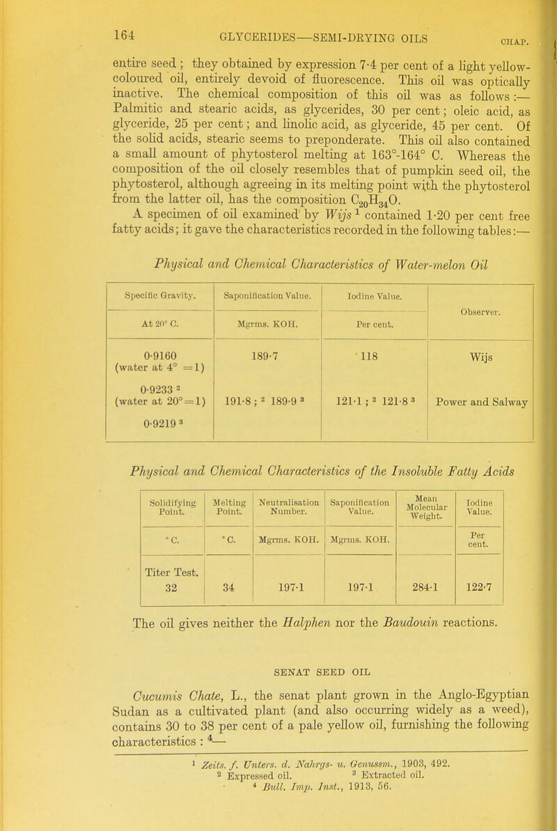 CHAP. eutii-e seed ; they obtained by expression 74 per cent of a light yellow- coloured oil, entirely devoid of fluorescence. This oil was optically inactive. The chemical composition of this oil was as follows : Palmitic and stearic acids, as glycerides, 30 per cent; oleic acid, as glyceride, 25 per cent; and linolic acid, as glyceride, 45 per cent. Of the solid acids, stearic seems to preponderate. This oil also contained a small amount of phytosterol melting at 163°-164° C. Whereas the composition of the oil closely resembles that of pumpkin seed oil, the phytosterol, although agreeing in its melting point with the phytosterol from the latter oil, has the composition C^qHs^O. A specimen of oil examined' by Wijs ^ contained 1-20 per cent free fatty acids; it gave the characteristics recorded in the following tables:— Physical and Chemical Characteristics of Water-melon Oil Specific Gravity. Sapoiiilication Value. Iodine Value. Observer. At 20° 0. Mgrms. KOH. Per cent. 0-9160 (water at 4° =1) 0-9233 2 (water at 20° = 1) 0-9219 3 189-7 191-8 ; 2 189-9 » 118 121-1 ; 2 121-8 3 Wijs Power and Salway Physical and Chemical Characteristics of the Insoluble Fatty Acids Solidifying Point. Melting Point. Neutralisation Number. Saponification Value. Mean Molecular Weight. Iodine Value. C. °C. Mgrms. KOH. Mgi'ins. KOH. Per cent. Titer Test. 32 34 197-1 197-1 284-1 122-7 The oil gives neither the Halphen nor the Baudouin reactions. SENAT SEED OIL Gucumis Chate, L., the senat plant grown in the Anglo-Egyptian Sudan as a cultivated plant (and also occurring widely as a weed), contains 30 to 38 per cent of a pale yeUow oil, furnishing the following characteristics : *— 1 Zeiis. f. Unters. d. Nahrgs- u. Genussm., 1903, 492. ^ Expressed oil. ''^ Extracted oil. * Bull. Imi). Inst., 1913, 66.