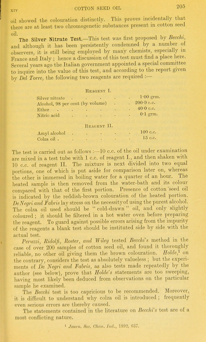 oil sliowed the colouration distinctly. This proves incidentally that there are at least two chromogenetic substances present in cotton seed The Silver Nitrate Test.—This test was first proposed by Becchi, and although it has been persistently condemned by a number of observers, it is stiU being employed by many chemists, especially m France and Italy ; hence a discussion of this test must find a place here. Several years ago the Italian government appointed a special committee to inquire into the value of this test, and according to the report given by Del Torre, the following two reagents are required :— Reagent I. Silver nitrate .... Alcohol, 98 per cent (by volume) Ether . . . . • Nitric acid .... Reagent II. Amyl alcohol . . . • Colza oil . 1-00 grm. . 200-0 c.c. 40 0 c.c. 0-1 grm. The test is carried out as follows :—10 c.c. of the oil under examination are mixed in a test tube with 1 c.c. of reagent I., and then shaken with 10 c.c. of reagent II. The mixture is next divided into two equal portions, one of which is put aside for comparison later on, whereas the other is immersed in boiling water for a quarter of an hour. The heated sample is then removed from the water-bath and its colour compared with that of the first portion. Presence of cotton seed oil is indicated by the reddish-brown colouration of the heated portion. DeNegri and Fabris lay stress on the necessityof using the purest alcohol. The colza oil used should be cold-drawn oil, and only slightly coloured ; it should be filtered in a hot water oven before preparing the reagent. To guard against possible errors arising from the impurity of the reagents a blank test should be instituted side by side with the actual test. Peruzzi, Ridolfi, Rosier, and Wiley tested Becchi's method in the case of over 200 samples of cotton seed oil, and found it thoroughly reliable, no other oil giving them the brown colouration. Holde^ on the contrary, considers the test as absolutely valueless ; but the experi- ments of De Negri and Fabris, as also tests made repeatedly by the author (see below), prove that Holders statements are too sweeping, having most likely been deduced from observations on the particular sample he examined. The Becchi test is too capricious to be recommended. Moreover, it is difficult to understand why colza oil is introduced ; frequently even serious errors are thereby caused. The statements contained in the literature on Becchi's test are of a most conflicting nature. 1 Journ. SoG. Olicm. I ml., 1802, ()37.