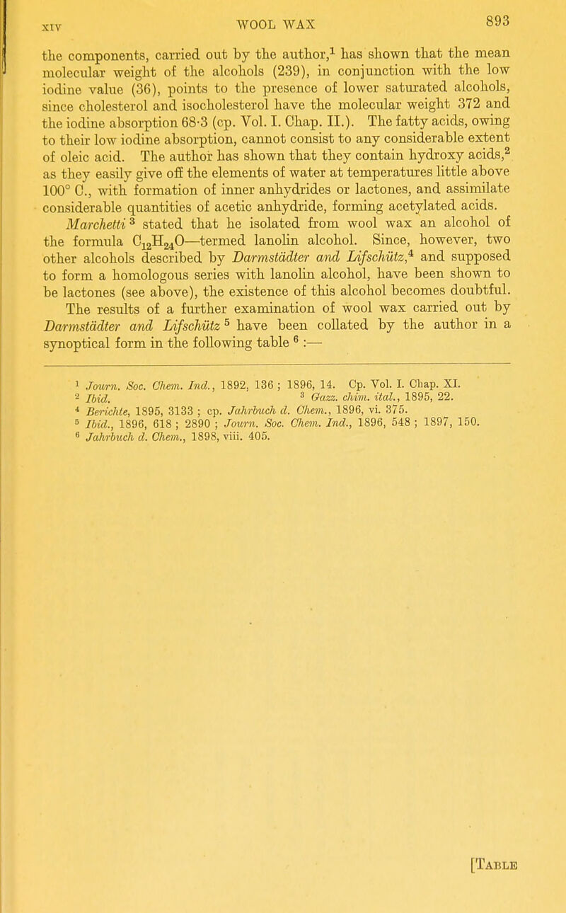 the components, carried out by the author,^ has shown that the mean molecular weight of the alcohols (239), in conjunction with the low iodine value (36), points to the presence of lower saturated alcohols, since cholesterol and isocholesterol have the molecular weight 372 and the iodine absorption 68-3 (cp. Vol. I. Chap. II.). The fatty acids, owing to their low iodine absorption, cannot consist to any considerable extent of oleic acid. The author has shown that they contain hydroxy acids,^ as they easily give off the elements of water at temperatures little above 100° C, with formation of inner anhydrides or lactones, and assimilate considerable quantities of acetic anhydride, forming acetylated acids. Marchetti^ stated that he isolated from wool wax an alcohol of the formula C12H24O—^termed lanolin alcohol. Since, however, two other alcohols described by Darmstddter and Lifschiitz,'^ and supposed to form a homologous series with lanolin alcohol, have been shown to be lactones (see above), the existence of this alcohol becomes doubtful. The results of a further examination of wool wax carried out by Darmstddter and Lifschutz ^ have been collated by the author in a synoptical form in the following table ^ :— 1 Journ. Soc. Chem. Ind., 1892, 136 ; 1896, 14. Cp. Vol. I. Chap. XI. 2 if)i^_ 3 Oazz. chim. ital., 1895, 22. * Berichte, 1895, 3133 ; cp. Jahrbuch cl. Chem., 1896, vi. 375. 5 Ibid., 1896, 618 ; 2890 ; Joimi. Soc. Chem. Ind., 1896, 548 ; 1897, 150. ^ Jah/rbuch d. Chem., 1898, viii. 405.