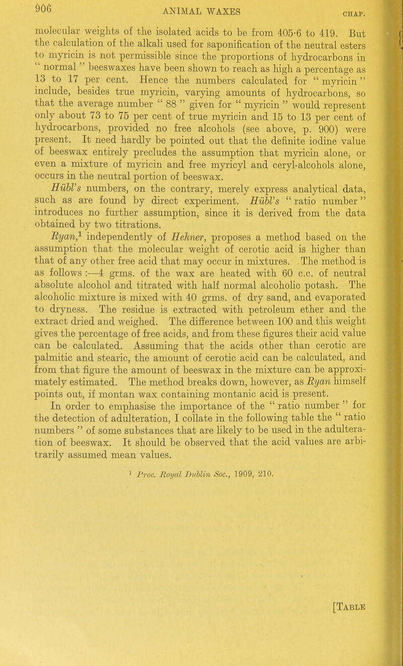 m CHAP. molecular weights of the isolated acids to be from 405-6 to 419. But the calculation of the alkali used for saponification of the neutral esters to myi-icin is not permissible since the proportions of hydrocarbons in  normal  beeswaxes have been shown to reach as high a percentage as 13 to 17 per cent. Hence the numbers calculated for  myi-icin  include, besides true myiicin, varying amounts of hydrocarbons, so that the average number  88  given for  myricin  would represent only about 73 to 75 per cent of true myricin and 15 to 13 per cent of hydrocarbons, provided no free alcohols (see above, p. 900) were present. It need hardly be pointed out that the definite iodine value of beeswax entirely precludes the assumption that myricin alone, or even a mixture of myricin and free myricyl and ceryl-alcohols alone, occurs in the neutral portion of beeswax. Hiibl's numbers, on the contrary, merely express analytical data, such as are found by direct experiment. HubVs  ratio number introduces no further assumption, since it is derived from the data obtained by two titrations. Ryan} independently of Hehner, proposes a method based on the assumption that the molecular weight of cerotic acid is higher than that of any other free acid that may occur in mixtm'es. The method is as follows :—4 grms. of the wax are heated with 60 c.c. of neutral absolute alcohol and titrated with half normal alcohoUc potash. The alcohohc mixtm-e is mixed with 40 grms. of dry sand, and evaporated to dryness. The residue is extracted with petroleum ether and the extract dried and weighed. The difference between 100 and this weight gives the percentage of fi-ee acids, and from these figm'es their acid value can be calculated. Assuming that the acids other than cerotic are palmitic and stearic, the amount of cerotic acid can be calculated, and fi'om that figm-e the amount of beeswax in the mixture can be approxi- mately estimated. The method breaks down, however, as Ryan himself points out, if montan wax containing montanic acid is present. In order to emphasise the importance of the  ratio number  for the detection of adulteration, I coUate in the following table the  ratio numbers  of some substances that are hkely to be used in the adultera- tion of beeswax. It should be observed that the acid values are arbi- trarily assumed mean values. 1 Proc. Royal DnUin Soc, 1909, 210.