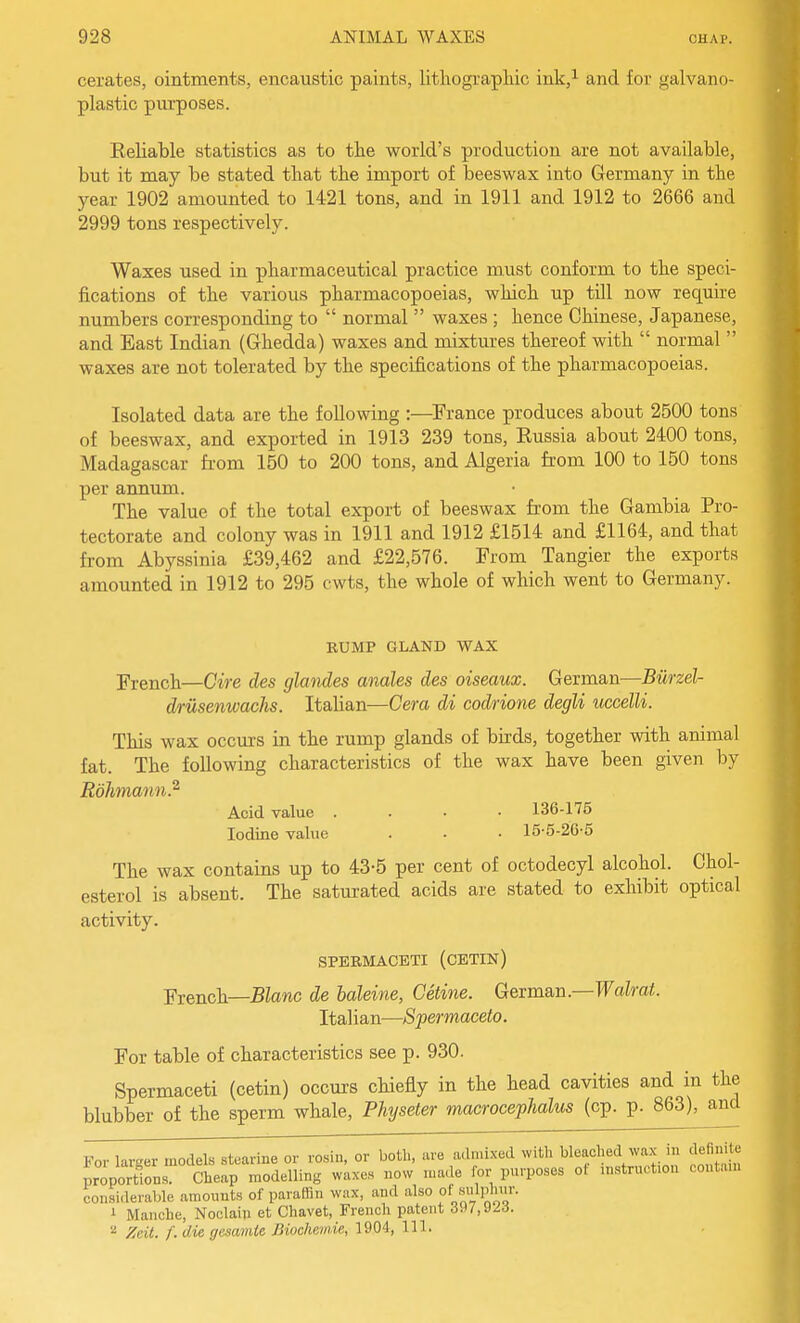 cerates, ointments, encaustic paints, lithographic ink,i and for galvano- plastic purposes. Keliable statistics as to the world's production are not available, but it may be stated that the import of beeswax into Germany in the year 1902 amounted to 1421 tons, and in 1911 and 1912 to 2666 and 2999 tons respectively. Waxes used in pharmaceutical practice must conform to the speci- fications of the various pharmacopoeias, which up till now require numbers corresponding to  normal  waxes ; hence Chinese, Japanese, and Bast Indian (Ghedda) waxes and mixtm-es thereof with  normal  waxes are not tolerated by the specifications of the pharmacopoeias. Isolated data are the following :—France produces about 2500 tons of beeswax, and exported in 1913 239 tons, Eussia about 2400 tons, Madagascar from 150 to 200 tons, and Algeria from 100 to 150 tons per annum. The value of the total export of beeswax from the Gambia Pro- tectorate and colony was in 1911 and 1912 £1514 and £1164, and that from Abyssinia £39,462 and £22,576. From Tangier the exports amounted in 1912 to 295 cwts, the whole of which went to Germany. BUMP GLAND WAX French—Cire des glandes anales des oiseaux. German—Burzeir drusenwachs. Italian—Cera di cod/rione degli uccelli. This wax occurs in the rump glands of birds, together with animal fat. The following characteristics of the wax have been given by Rohmann.^ Acid value .... 136-175 Iodine value . . • 15-6-26-5 The wax contains up to 43-5 per cent of octodecyl alcohol. Chol- esterol is absent. The satm-ated acids are stated to exhibit optical activity. SPERMACETI (cETIN) French—5Zawc de baleine, Getine. German.—TfaZrai. Italian—Spermaceto. For table of characteristics see p. 930. Spermaceti (cetin) occurs chiefly in the head cavities and in the blubber of the sperm whale, Physeter macrocephalus (cp. p. 863), and For larger models stearine or rosin, or both, are a.lmixed with bleached wax in cleflnite proportions. Cheap modelling waxes now n.ade for pnrposes of uistruction contam considerable amounts of paraffin wax, and also ot siilplnir. 1 Manche, Noclain et Chavet, French patent 397,9^,5. Zeit. f. die, gesamte Biochemie, 1904, 111.