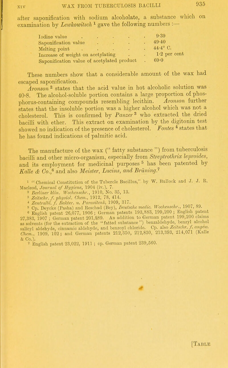 WAX FROM TUBERCULOSIS BACILLI after saponification with sodium alcoholate, a substance which on examination by Lewkowitsch ^ gave the following numbers :— Iodine value .... Saponification value Melting point .... Increase of weight on acotylating Saponification value of acetylated product 9-39 49-40 44-4° C. 1'2 per cent 69-0 These numbers show that a considerable amount of the wax had escaped saponification. Aronson ^ states that the acid value in hot alcoholic solution was 40-8. The alcohol-soluble portion contains a large proportion of phos- phorus-containing compounds resembling lecithin. Aronson further states that the insoluble portion was a higher alcohol which was not a cholesterol. This is confirmed by Panzer^ who extracted the dried bacilli with ether. This extract on examination by the digitonin test showed no indication of the presence of cholesterol. Pontes ^ states that he has found indications of palmitic acid. The manufacture of the wax ( fatty substance ) from tuberculosis bacilli and other micro-organism, especially from Streptrothrix leproides, and its employment for medicinal pm-poses ^ has been patented by Ealle & Go.,^ and also Meister, Lucins, and Bruning? 1  Chemical Constitution of the Tubercle Bacillus, by W. Bullock and J. J. R. Macleod, .Toxhrnal of Hygiene, 1904 (iv.), 7. 2 Berliner Min. Wochenschr., 1910, No. 35, 13. ^ Zeitschr. f. phi/sio!. Chem., 1912, 78, 414. Zentralbl.f. Balder, u. ParasitenJc, 1909, 317. Cp. Deycke (Pasha) and Reschad (Bey), Deutsche medic. Wochenschr., 190/, 89. 8 English patent 26,077, 1906 ; German patents 193,883, 199,200 ; English patent 27,383, 1907 ; German patent 201,989. An addition to German patent 199,200 claims as solvents (for the extraction of the fatted substance) benzaldehyde, benzyl alcohol salicyl aldehyde, cinnamic aldehyde, and benzoyl chloride. Cp. also Zeitschr. f. angeio. Chen,.., 1909, 102; and German patents 212,350, 212,830, 213,393, 214,071 (Kalle k Co.). ' English patent 23,022, 1911 ; cp. German patent 239,560.