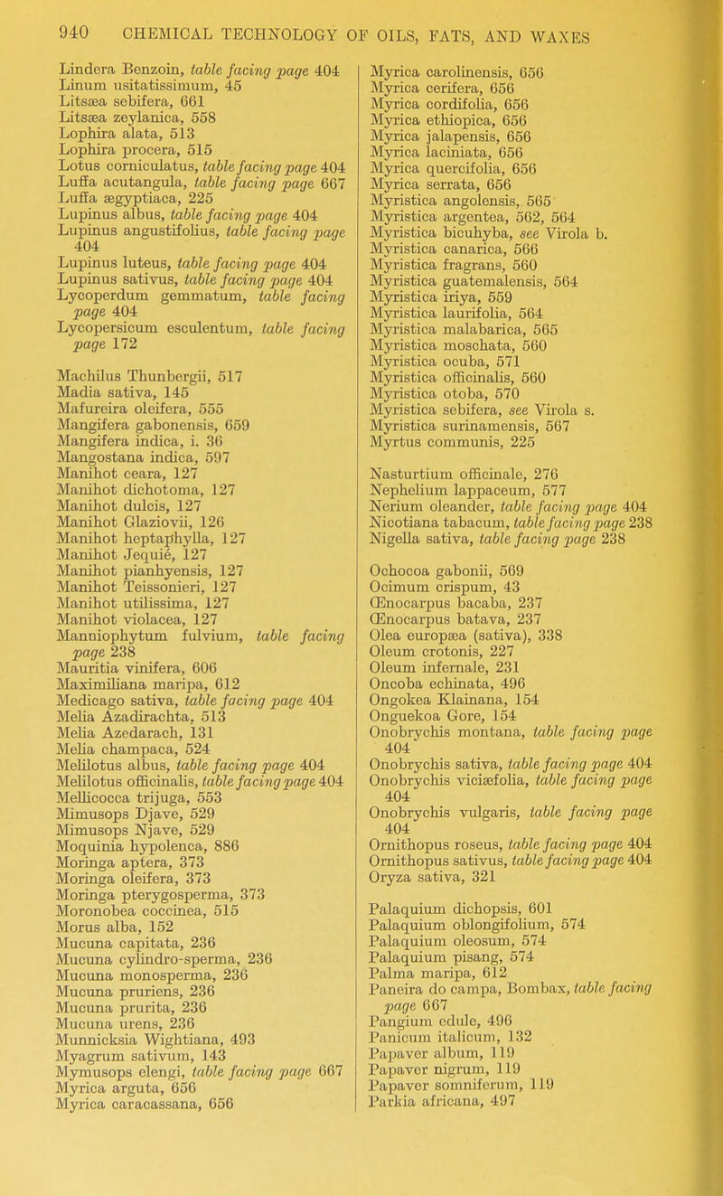 Lindera Benzoin, table facing page 404 Linum usitatissimum, 45 Litssea sebifera, 661 Litssea zeylanica, 558 LopMra alata, 513 Lophira procera, 515 Lotus coruiculatus, table facing page 404: LufEa acutangula, table facing page 667 LufEa segyptiaca, 225 Lupinus albus, table facing page 404 Lupinus angustifolius, table facing page 404 Lupinus luteus, table facing jxige 404 Lupinus sativus, table facing page 404 Lycoperdum gemmatum, table facing page 404 Lycopersicum esculentum, table facing page 172 Machilus Thunbergii, 517 Madia sativa, 145 Mafureira oleifera, 555 Mangifera gabonensis, 659 MangLfera indica, i. 30 Mangostana indica, 597 Manihot ceara, 127 Manihot dichotoma, 127 Manihot dulcis, 127 Manihot Glaziovii, 126 Manihot heptaphylla, 127 Manihot Jequie, 127 Manihot pianhyensis, 127 Manihot Teissonieri, 127 Manihot utilissima, 127 Manihot violacea, 127 Manniophytum fulvium, table facing page 238 Mauritia vinifera, 60C Maximihana maripa, 612 Medicago sativa, table facing page 404 Meha Azadirachta, 513 MeUa Azedarach, 131 Melia champaca, 524 Mehlotus albus, table facing page 404 Melilotus oiEcinaUs, table facing page 404 MeUicocca trijuga, 553 Mimusops Djave, 529 Mimusops Njave, 529 Moquinia hypolenca, 886 Moringa aptera, 373 Moringa oleifera, 373 Moringa pterygosperma, 373 Moronobea coccinea, 515 Morus alba, 152 Mucuna capitata, 236 Mucuna oylindro-sperma, 236 Mucuna monosperma, 236 Mucuna pruriens, 236 Mucuna prurita, 236 Mucuna urens, 236 Munnicksia Wightiana, 493 Myagrum sativum, 143 Mymusops olengi, table facing page 667 Myrica arguta, 656 Myrica caracassana, 656 Myrica carolinensis, 666 Myrica cerifera, 656 Myrica cordifolia, 656 Myrica ethiopica, 656 Myrica jalapensis, 656 Myrica laciniata, 656 Myrica queroifolia, 656 Myrica serrata, 656 Myristica angolensis, 565 Myristica argentea, 562, 564 M3Tistica bicuhyba, see Virola b. Myristica canarica, 566 Myristica fragrans, 560 Myristica guatemalensis, 564 Myristica iriya, 559 Myristica lauritolia, 564 Myristica malabarica, 565 Myristica moschata, 560 Myristica ocuba, 571 Myristica oificinalis, 560 M}aistica otoba, 570 Myristica sebifera, see Vuola s. Myristica surinamensis, 567 Myrtus communis, 225 Nasturtium officinale, 276 Nephelium lappaceum, 577 Nerium oleander, table facing imge 404 Nicotiana tabacum, table facing page 238 NigeUa sativa, table facing page 238 Ochocoa gabonii, 569 Ocimum crispum, 43 (Enooarpus bacaba, 237 Qilnocarpus batava, 237 Olea europasa (sativa), 338 Oleum crotonis, 227 Oleum infernale, 231 Oncoba echinata, 496 Ongokea Klainana, 154 Onguekoa Gore, 154 Onobrychis montana, table facing page 404 Onobrychis sativa, table facing page 404 Onobrychis viciasfoha, table facing page 404 Onobrychis vulgaris, table facing page 404 Ornithopus roseus, table facing page 404 Ornithopus sativus, table facing page 404 Oryza sativa, 321 Palaquium dichopsis, 601 Palaquium oblongifolium, 574 Palaquium oleosum, 574 Palaquium pisang, 574 Palma maripa, 612 Paneira do campa, Bombax, table facing page 667 Pangium cdule, 496 Pauicum italicum, 132 Pajjaver album, 119 Papaver nigrum, 119 Papaver somnifcnnn, 119 Parkia africana, 497