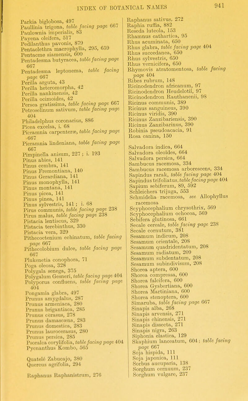 Parkia biglobosa, 497 Paullinia trigona, table facing page 667 Paiilownia imperialis, 83 Payena oleifera, 517 Pedilanthus pavonis, 879 Pentaclethra macrophylla, 295, 659 Pentacme siainonsis, 600 Pentadosma butyracea, table facing page 667 . Pentadesma leptonema, table facing page 667 Perilla argvita, 43 Perilla heteromorpha, 42 Perilla nankinensis, 42 PeriUa ocimoides, 42 Persea gratissima, table facing page 667 Petroselinuin sativum, table facing page 404 Philadelphus coronarius, 886 Picea excelsa, i. 68 Picramnia carpenterte, table facing page 667 Picranmia lindeniana, table facing page 667 Pimpinella anisum, 227 ; i. 193 Pinus abies, 141 Pinus cembra, 141 Pinus Fremontiana, 140 Pinus Gerardiana, 141 Pinus monophylla, 141 Pinus montana, 141 Pinus picea, 141 Pinus pinea, 141 Pinus sylvestris, 141 ; i. 68 Pirug communis, table facing page 238 Pirus malus, table facing page 238 Pistacia lentiscus, 329 Pistacia terebinthus, 330 Pistacia vera, 329 Pithecoctenium echinatum, table facing page 667 Pithecolobium dulce, table facing page 667 Plukenetia conophora, 71 Poga oleosa, 328 Polygala senega, 375 Polygalum Gesneri, table facing page 404 Polyporus confluens, table facing page 404 Pongamia glabra, 497 Pninus amygdalus, 287 Prunus armoniaca, 280 Prunus brigantiaca, 285 Prunus cerasus, 278 Primus damascffina, 283 Prunus domestica, 283 Pninus laurocerasus, 280 Prunus persica, 285 Psoralca corylifolia, table facing page 404 Pycnanthus Kombo, 565 Quatel6 Zabucajo, 380 Quercus agrifolia, 294 Pvaphanus Raphanistrum, 270 Raplianus sativus, 272 Rapliia ruffia, 882 Reseda lutoola, 153 Rhamnus cathartica, 95 Rhus acuminata, 650 Rhus glabra, table facing j)age 404 Rhus succedanea, 650 Rhus sylvestris, 650 Rhus vornicil'era, 650 Rhymovis atratomentosa, table facing page 404 Ribes rubrum, 148 Ricinodendron afrioanum, 97 Ricinodendron Heudelotii, 97 Ricinodendron Rauthanenii, 98 Ricinus commiuiis, 389 Ricinus sanguineus, 390 Ricinus viridis, 390 Ricinus Zanzibariensis, 390 Ricinus Zanzibarinus, 390 Robinia pseudoacacia, 91 Rosa canina, 150 Salvadora indica, 664 Salvadora oleoides, 664 Salvadora persica, 664 Sambucus racemosa, 334 Sambucus racemosa arborescens, 334 Sapindus rarak, table facing page 404 Sapindus trif oliatus, table facing page 404 Sapium sebiferum, 89, 592 Schleichera trijuga, 553 SchmideUa racemosa, see AllophyUus racemosa Scyphocephalium chrysothrix, 569 Scyphocephalium ochocoa, 569 Sebifera glutinosa, 661 Seoale cereale, table facing page 238 Secale cornutum, 381 Sesamum indicum, 208 Sesamum orientale, 208 Sesamum quadridentatum, 208 Sesamum radiatum, 209 Sesamum subdentatum, 208 Sesamum subindivisum, 208 Shorea aptera, 600 Shorea compressa, 600 Shorea falcifcra, 600 Shorea Gysbertiana, 600 Shorea Martiniana, 600 Shorea stenoptora, 600 Simaruba, table facing page 667 Smapis alba, 268 Sinapis arvonsis, 271 Sinapis chinensis, 271 Sinapis cUssccta, 271 Sinapis nigra, 263 Siphonia elastica, 129 Skaphium lancoatum, C04: table facing page 667 Soja hispida, 111 Soja japonica. 111 Sorbus aucuparia, 138 Sorghum cornuum, 237 Sorghum vulgarc, 237