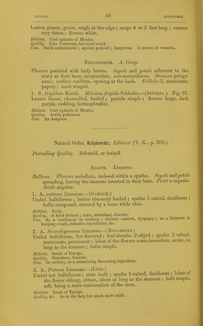 Loaves grassy, greeu, rough at the edge ; scape 4 or 5 feet long ; raceme very dense : flowers white. Habitat. Cool uplands of Mexico. Quality. Like Veratniiti, but more acrid. Uses. Seeds anthelmintic ; against pediculi; dangerous. A source of veratria. Stenanthidm. a. Gray. Flowers panicled with leafy bracts. Sepals and petals adherent to the ovary at their base, campanulate, non-nectariferous. Stamens perigy- nous; anthers reniform, opening at the back. Follicles 3, acuminate, papery ; seeds winged. 1. S. frigidum Kxiiith. Helonias frigida Schlecht.—(Sevoeja.) Fig. 91. Leaves linear, channelled, keeled ; panicle simple ; flowers large, dark purple, nodding, hermaphrodite. Habitat. Cool uplands of Mexico. Quality. Acrid, poisonous. Uses. As Asagrtea. Natural Order, ?L{Tj)tD0rtjS; Liliaceas (V. K., p. 200.) Prevailing Quality. Subacrid, or insipid. Allium. Linnaeus. Bulbous. Flowers umbellate, inclosed within a spathe. Sepals ^nA. petals spreading, having the stamens inserted in their base. Fruit a capsule. Seeds angular. 1. A. sativum Linnseus.—(GtARLICK.) Umbel bulbiferous ; leaves obscurely keeled ; spathe 1-valved, deciduous ; bulbs compound, covered by a loose white skin. Habitat. Sicily. Quality. A local irritant; tonic, stimulant, diuretic. Uses. As a condiment in cookery ; chronic catarrh, dyspepsy ; as a hmment m hooping cough, infantile convulsions, &c. 2. A. Scorodoprasum Linnaeus.—(Rocambole.) Umbel bulbiferous, few-flowered ; leaf-sheaths 2-edged ; spathe 2-valved, mucronate, permanent; lobes of the flowers ovate-lanceolate, acute, ns long as the stamens ; bulbs simple. Habitat. South of Europe.^ Quality. Stimulant, dim-etic. Uses. In cookery, as a stimulating flavouring ingredient. 3. A. Porrum Linnasus.—(Leek.) Umbel not bulbiferous ; stem leafy ; spathe 1-valved, deciduous ; lobes ot the flower oblong, obtuse, about as long as the stamens ; bulb smiple, soft, being a mere continuation of the stem. Habitat. South of Europe. Quality, &c. As in the last, but much more mild.