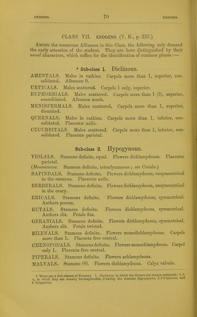 CLASS VII. EXOGENS (V. K., p. 235.) Among tlie numerous Alliances in this Class, the following only demand the early attention of the student. They are here distinguished by their usual characters, which suffice for the identification of common plants :— * Sub-class 1. Diclinous. AMENTALS. Males in catkins. Carpels more than 1, superior, con- solidated. Albumen 0. URTICALS. Males scattered. Carpels 1 only, superior. EUPHORBIALS. Males scattered. Carpels more than 1 (3), superior, consolidated. Albumen much. MENISPERMALS. Males scattered. Carpels more than 1, superior, disunited. QUERNALS. Males in catkins. Carpels more than 1, inferior, con- solidated. Placentas axile. CUCURBITALS. Males scattered. Carpels more than 1, inferior, con- solidated. Placentas parietal. Sub-class 2. Hypogynous. VIOLALS. Stamens definite, equal. Flowers dichlamydeous. Placent£e parietal. {Brassicaceoe. Stamens definite, tetradynamous ; see Cistals.) SAPINDALS. Stamens definite. Flowers dichlamydeous, imsymmetrical in the stamens. Placentae axile. BERBERALS. Stamens definite. Flowers dichlamydeous, unsymmetrical in the ovary. ERICALS. Stamens definite. Flowers dichlamydeous, symmetrical. Anthers porous, RUTALS. Stamens definite. Flowers dichlamydeous, symmetrical. Anthers slit. Petals flat, GERANIALS. Stamens definite. Flowers dichlamydeous, symmetrical. Anthers slit. Petals twisted. SILENALS. Stamens definite. Flowers monodichlamydeous. Carpels more than 1. Placenta free central. CHENOPODALS. Stamens definite. Flowers monocLlamydeous. Carpel only 1. Placenta free central, PIPERALS. Stamens definite. Flowers aehlamydeous. MALVALS. Stamens 00. Flowers dichlamydeous. Calyx valvate. * There are 4 Sub-classes of Exogens. 1. DicHnoiis, in whicli tlie flowers are always unisexual; 2.3, 4, in which they are uauaUy hermaplirodite, 2 having the stamens Ilppogynous, 3 I'cnppiwtis, and 4 Epigynous.