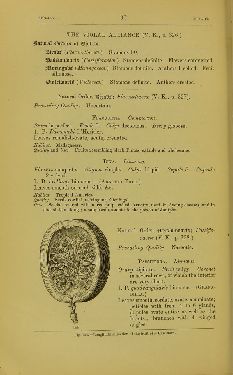 BIXADS. THE VIOLAL ALLIANCE (V. K., p. 326.) %iytHs^ [Flacouo-tiacece.) Stamens 00. 5pa)S^{oufcD0rtjS {Passifloraceoe.) Stamens definite. Flowers coronetted. ■MfiTiin^^^i [Moringaceoe.) Stamens definite. Anthers 1-celled. Fruit siliquose. l^t0lrttDOrW (Violacece.) Stamens definite. Anthers crested. Natural Order, 33i):air^; Flacourtiacece (V. K., p. 327). Prevailing Quality, Uncertain. FLA.COTJRTIA. Commerson. Sexes imperfect. Petals 0. Calyx deciduous. Berry glohose. 1. F. Ramontchi L'Heritier. Leaves roundish-ovate, acute, crenated. Habitat. Madagascar. Quality and Uses. Fruits resembling black Plums, eatable and wholesome. BixA. Linnceus. Floivers complete. Stigma simple. Calyx hispid. Sepals 5. Capsule 2-valved. L B. orellana LinuEEus.—(Arnotto Tree.) Leaves smooth on each side, &;c. Habitat. Tropical America. Quality. Seeds cordial, astringent, febrifugal. Uses. Seeds covered with a red pulp, called Arnotto, used in dyeing cheeses, and in chocolate making ; a supposed antidote to the poison of Janipha. Natural Order, ^Bas^tDniMDrts'; Passifio- racece (V. K., p. 328.) Prevailing Quality. Narcotic. Passiflora. Linnaeus. Ovary stipitate. Fruit pulpy. Coronet in several rows, of which the interior are very short. L P. quadrangularislAnwsiViS,.—(Grana- DILLA.) Leaves smooth,cordate, ovate, acuminate; petioles with from 4 to 6 glands, stipules ovate entire as well as the hracts ; hranches with 4 winged angles. Fig. 144.—Longitudinal section of the fniit of a Passiflora.