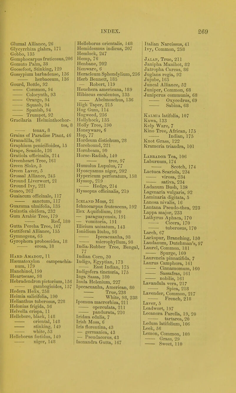 Glumal Alliance, 2(5 Glycyrrhiza glabra, 171 Gobbo, 135 Goniphocarpus fruticosus, 206 Gomuto Palm, 38 Goosefoot, Stinking, 129 Gossypium barbadense, 136 herbaceum, 136 Gourd, Bottle, 92 Common, 94 Coloeynth, 93 Orange, 94 • • Squasb, 94 Spanish, 94 Trumpet, 92 Gracilaria Helminthoelior- tos, 8 teuax, 8 Grains of Paradise Plant, 46 Granadilla, 96 Graphium penicilloides, 15 Grape, Seaside, 126 Gratiola officinalis, 214 Greenheart Tree, 161 Green Sloke, 5 Green Laver, 5 Grossal Alliance, 245 Ground Liverwort, 21 Ground Ivy, 221 Guaco, 262 Guaiacum officinale, 117 sanctum, 117 Guazuma ulmifolia, 135 Guizotia oleifera, 232 Gum Arabic Tree, 179 Red', 180 Gutta Percha Tree, 167 Guttiferal Alliance, 155 Gymnogens, 65 Gyrophora proboscidea, 18 erosa, 18 Hard Amadou, 11 Hfematoxylon campeachia- num, 179 Hanchinol, 190 Heartsease, 98 Hebradendron pictorium, 156 ■ gambogioides, 157 ITcdera Helix, 258 Heimia salicifolia, 190 Helianthus tuberosus, 228 Helonias frigida, 5G Helvella crispa, 11 Hellebore, black, 148 oriental, 148 stinking, 149 white, 53 Helleborus fcotidiis, 149 niger, 148 Helleborus orientalis, 148 Hemidesraus indicus, 207 Hemlock, 247 Hemp, 76 Henbane, 202 Kenware, 6 Heracleum Sphondylium, 256 Herb Bennett, 185 — Robert, 119 Heuchera americana, 189 Hibiscus esculentus, 135 Abelmoschus, 136 High Taper, 215 Hog Gum, 114 Hogweed, 256 HoUyhock, 135 Holly Tree, 190 Honeyware, 6 Hop, 77 Hordeum distichum, 28 Horeliound, 221 Hornbeam, 90 Horse-Radish, 140 tree, 97 Humulus Lupulus, 77 Hyoscyamus niger, 202 Hypericum perforatum, 158 Hyssop, 219 Hedge, 214 Hyssopus officinalis, 219 Iceland MosSj 21 Ichnocarpus frutescens, 192 Ilex AquifoUum, 190 — paraguayensis, 191 — vomitoria, 191 Ulicium anisatum, 143 lonidium Itubu, 98 Ipecacuanha, 98 microphyllum, 98 India-Rubber Tree, Bengal, 77 ' - ' Indian Corn, 30 Indigo, Egyptian, 173 —~ East Indian, 175 Indigofera tinctoria, 175 Inga Sassa, 180 Inula Helenium, 227 Ipecacuanha, American, 80 True, 238 White, 98, 238 Ipomcea macrorhiza, 211 opcrculata, 211 pandurata, 210 Iridasa edulis, 7 Irish Moss, 6 Iris florentina, 43 — germanica, 43 — Pseudacorus, 4 3 Isonandra Gutta, 167 Italian Narcissus, 41 Ivy, Common, 258 Jalap, True, 211 Janipha Manihot, 82 Jatropha Curcas, 86 Juglans regia, 92 Jujube, 165 Juncal Alliance, 52 Juniper, Common, 68 Juniperus communis, 68 Oxycedrus, 69 Sabina, 68 Kalmia latifoHa, 107 Kawa, 133 Kelp Ware, 7 Kino Tree, African, 175 Indian, 175 Knot Grass, 122 Krameria triandra, 101 Labrador Tea, 106 Laburnum, 174 Scotch, 174 Lactuca Scariola, 234 virosa, 234 sativa, 234 Ladanum Bush, 138 Lagenai'ia vulgaris, 92 Laminaria digitata, 5 Lanosa nivalis, 16 Lantana Pseudo-thea, 223 Lappa majoi', 233 Lathyi'us Aphaca, 170 Cicera, 170 tuberosus, 170 Larch, 67 Larkspur, Branching, 150 Laudanum, Dutchman's, 9 Laurel, Common, 181 ■ Spui'ge, 160 Laiu'encia pinnatifida, 7 Laurus Camphora, 161 Cinnamomum, 160 Sassafras, 161 uobilis, 161 Lavandula vera, 217 SpicA, 218 Lavender, Common, 217 French, 218 Laver, 5 Leadwort, 197 Lecanora Pai-ella, 19, 20 tartai-ea, 20 Ledum latifolium, 106 Leek, 56 Lemon, Common, 109 Grass, 29 Sweet, 110