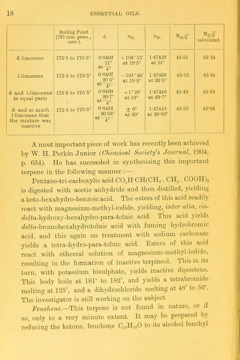 Boiling Point (763 mm. press., corr.). d. md/27 MD/2 calculated. d-limonene 1-limonene d- and 1-limonene in equal parts 175-5 to 176-5° 175-5 to 176-5° 175-5 to 176-5° 0-8402 21° at-|s 0-8407 (J at 40 ■ 0-8409 20-7° at ^0 +104° 15' at 19-5° -101° 30' at ly-5 +1° 29' at 19° 1-47428 at 21° 1-47468 ac JX) o 1-47448 at 20-7° 45-51 45-52 45-49 45-24 45-24 45-24 d- and so much 1-limonene that the mixture was inactive 175-5 to 176-5° 0-8402 20-85° at + 0° at 20° 1-47443 at 20-85° 45-53 45-24 A most important piece of work has recently been achieved by W. H. Perkin Junior (Chemical Society's Journal, 1904, p. 654). He has succeeded in synthesising this important terpene in the following manner :— Pentane-tri-carboxylic acid C02H-CH(CH2. CH2. COOH)2 is digested with acetic anhydride and then distilled, yielding a keto-hexahydro-benzoic acid. The esters of this acid readily react with magnesium-methyl-iodide, yielding, inter alia, cis- deZta-hydroxy-hexahydro-para-toluic acid. This acid yields <Mta-bromohexahydrotoluic acid with fuming hydrobromic acid, and this lagain on treatment with sodium carbonate yields a tetra-hydro-para-toluic acid. Esters of this acid react with ethereal solution of magnesium-methyl-iodide, resulting in the formation of inactive terpineol. This in its turn, with potassium bisulphate, yields inactive dipentene. This body boils at 181° to 182°, and yields a tetrabromide melting at 125°, and a dihydrochloride melting at 48° to 50°. The investigator is still working on the subject. Fenchene.—This terpene is not found in nature, or if so, only to a very minute extent. It may be prepared by reducing the ketone, fenchone C10Hu!O to its alcohol fenchyl